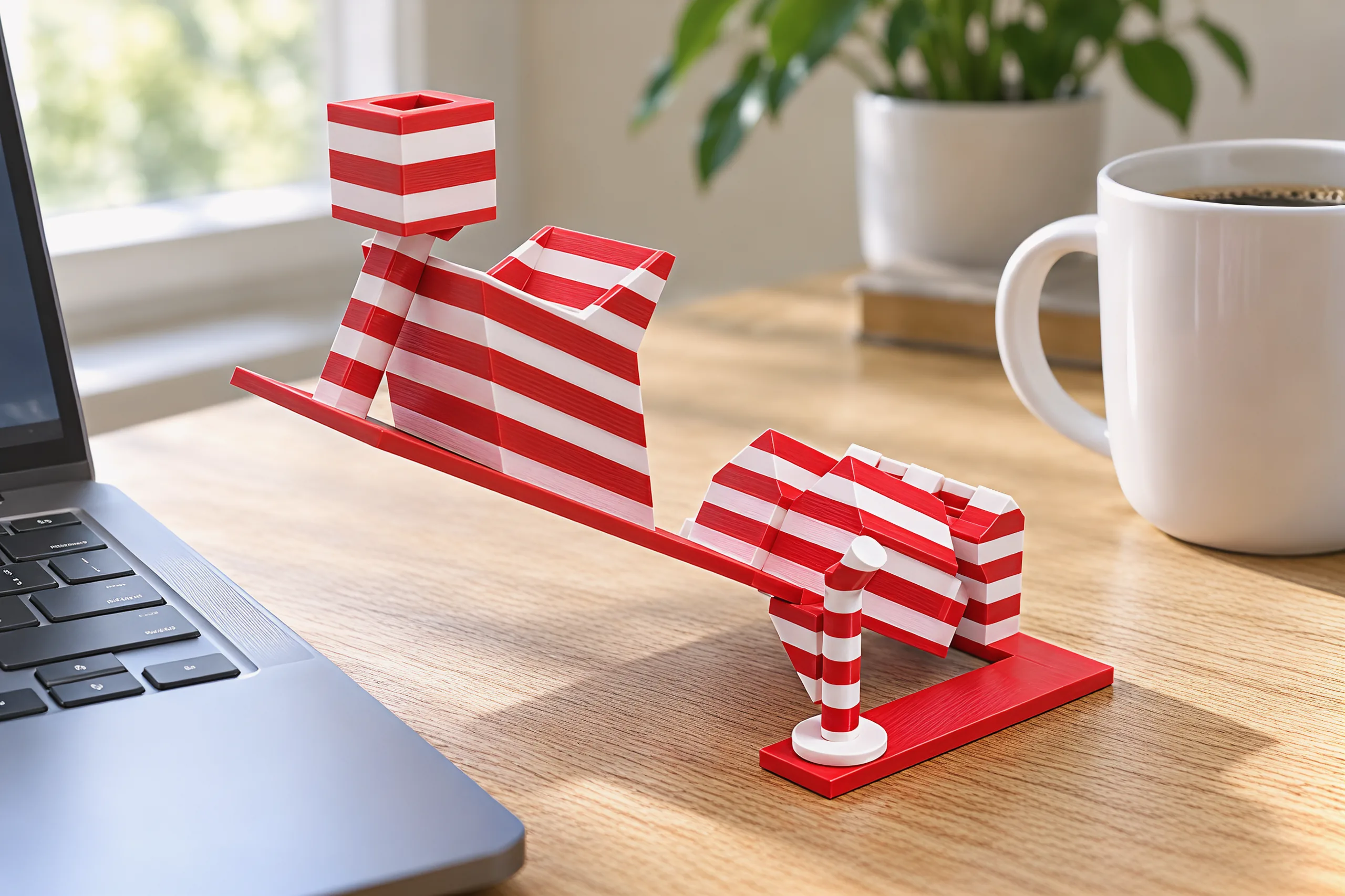 The candy-striped rooftop propped up on a wooden desk beside a keyboard and a mug, the present waiting on its post at the high end