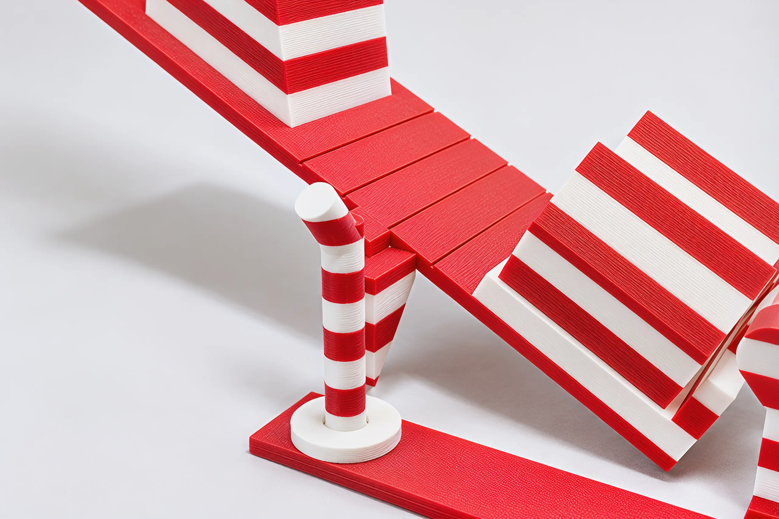 Close view of the candy cane: the shelf of its crook sits under the roof's tab