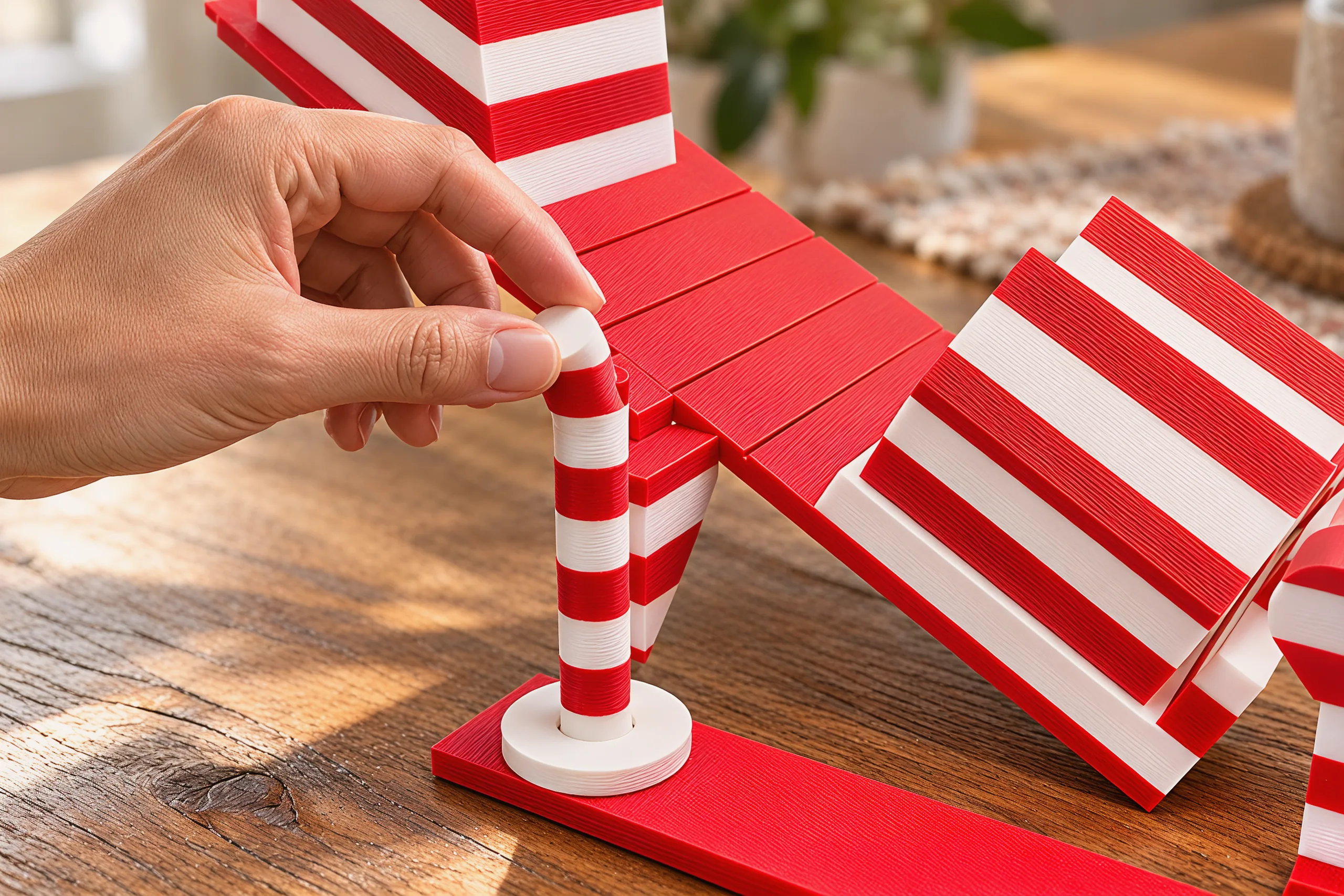 Fingers on the candy cane's crook, about to give it a quarter turn