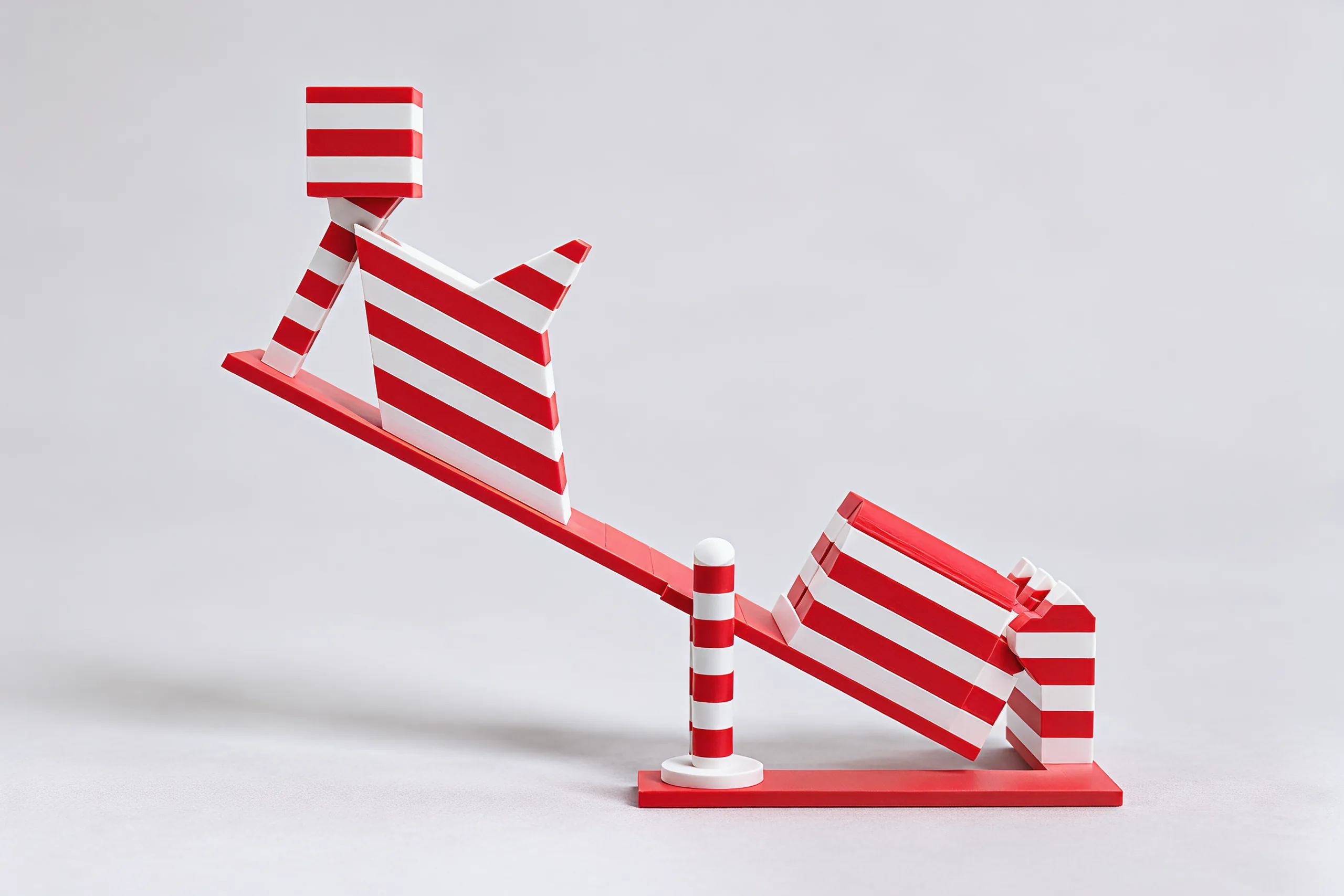Side view of the toy set up: the roof a long slope from the hinge to the present's post