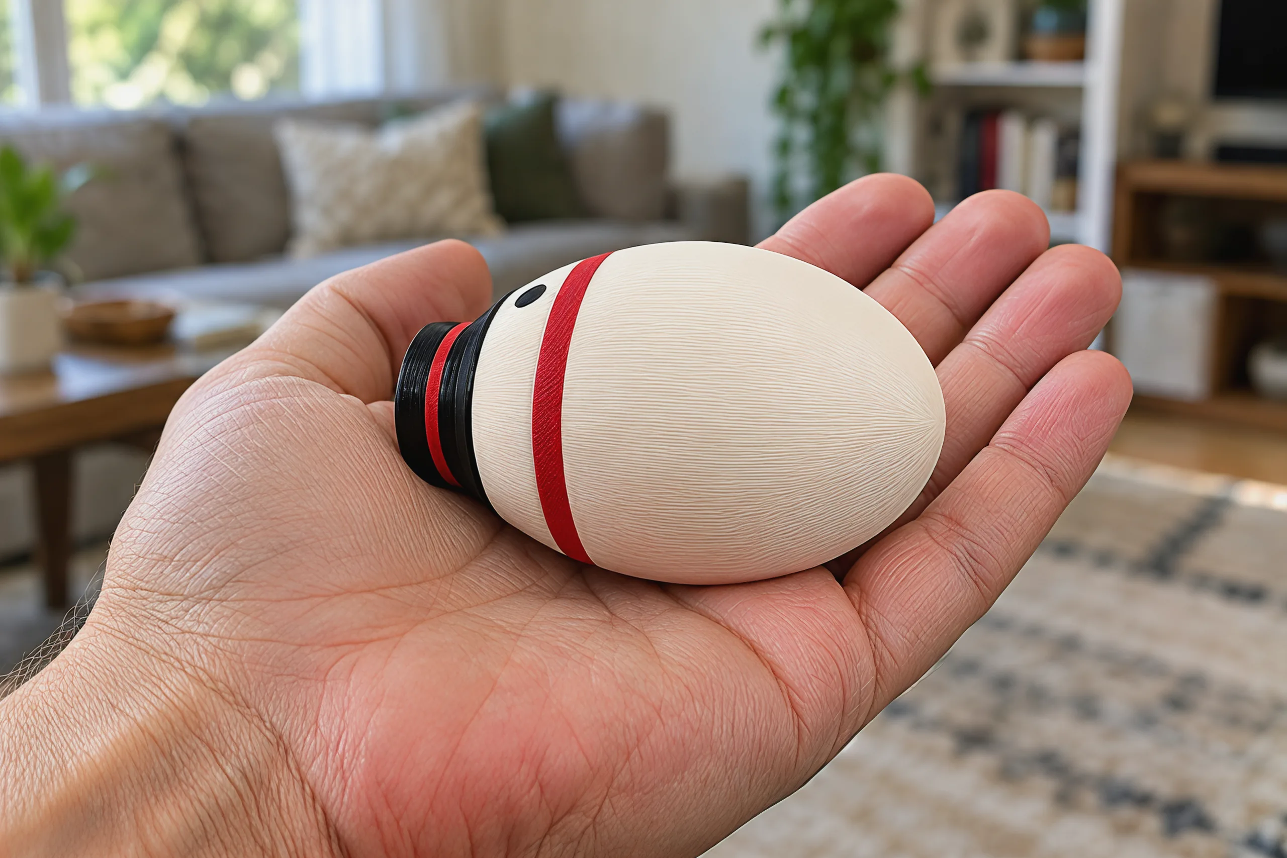 The snowman lying on his side in an open palm, face up, a little shorter than the palm is wide