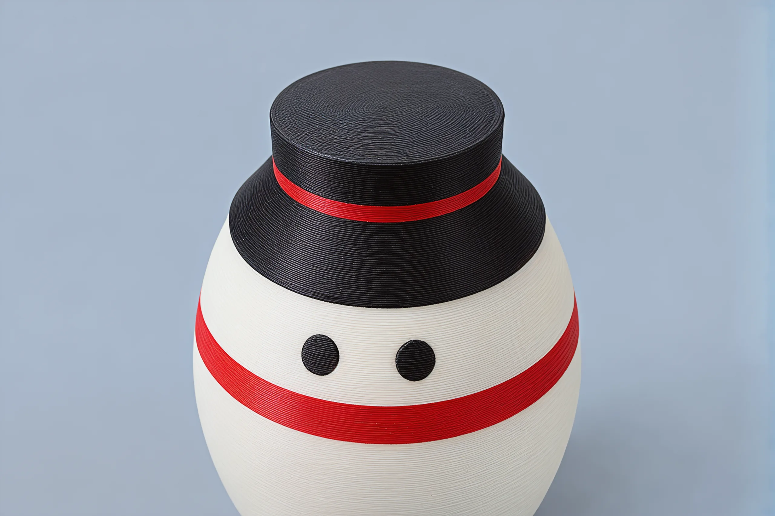 Looking down on his black top hat: a flat crown, a red hatband, and the brim flaring into his head
