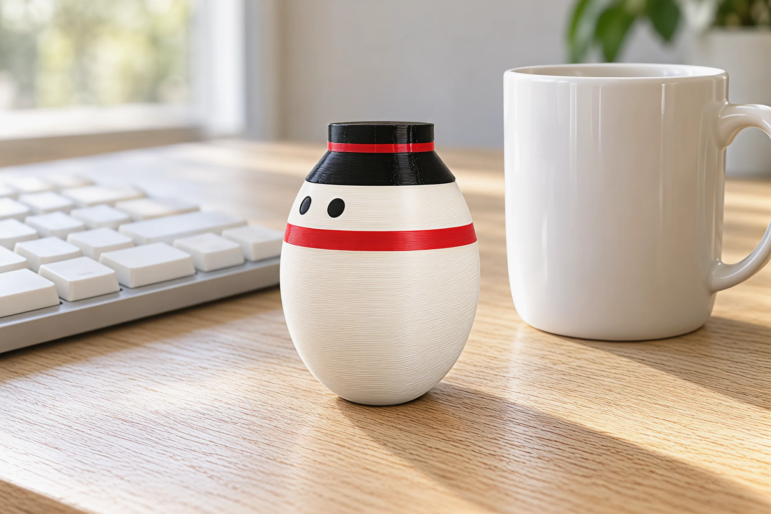 The snowman standing on a light oak desk beside a keyboard and a white coffee mug, about two-thirds as tall as the mug