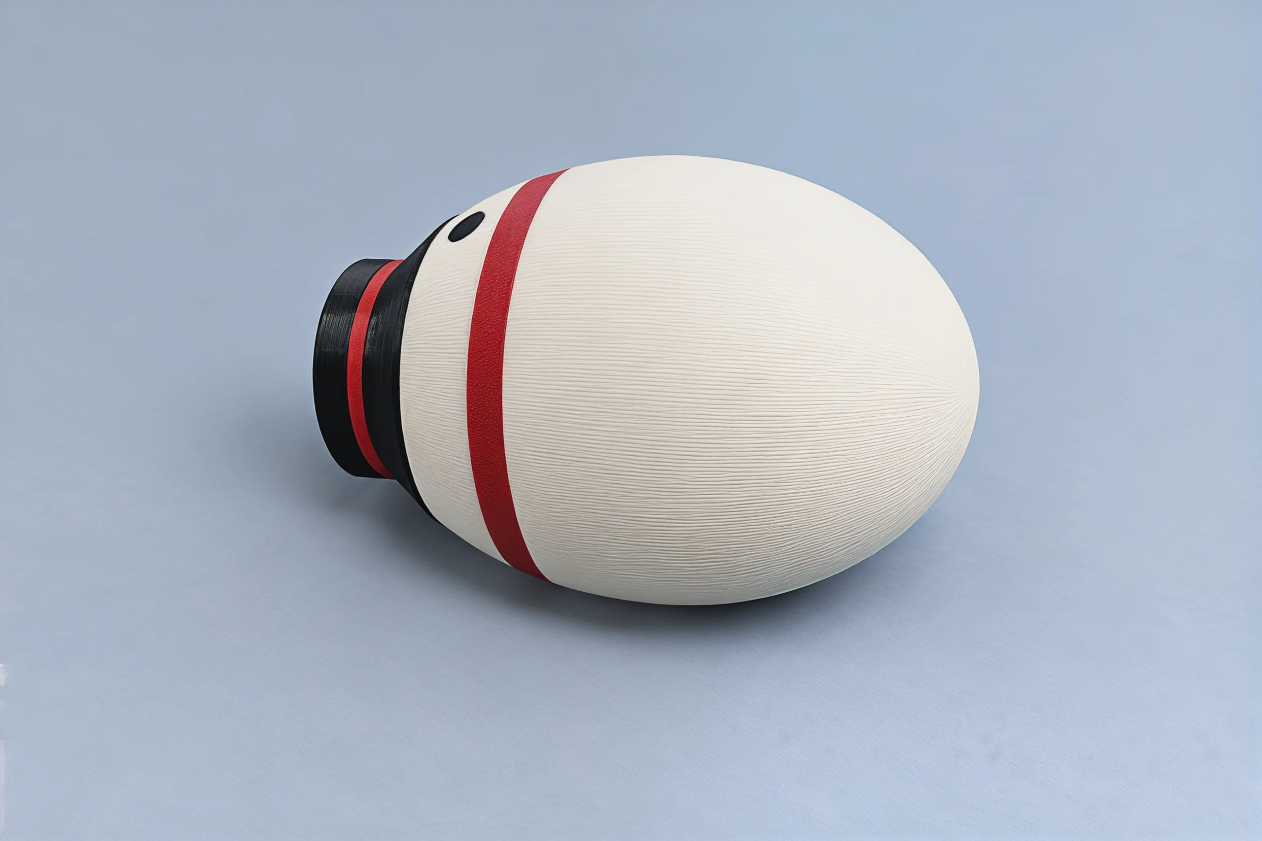 Studio photo of the snowman at rest, lying on his side with his hat end a little low