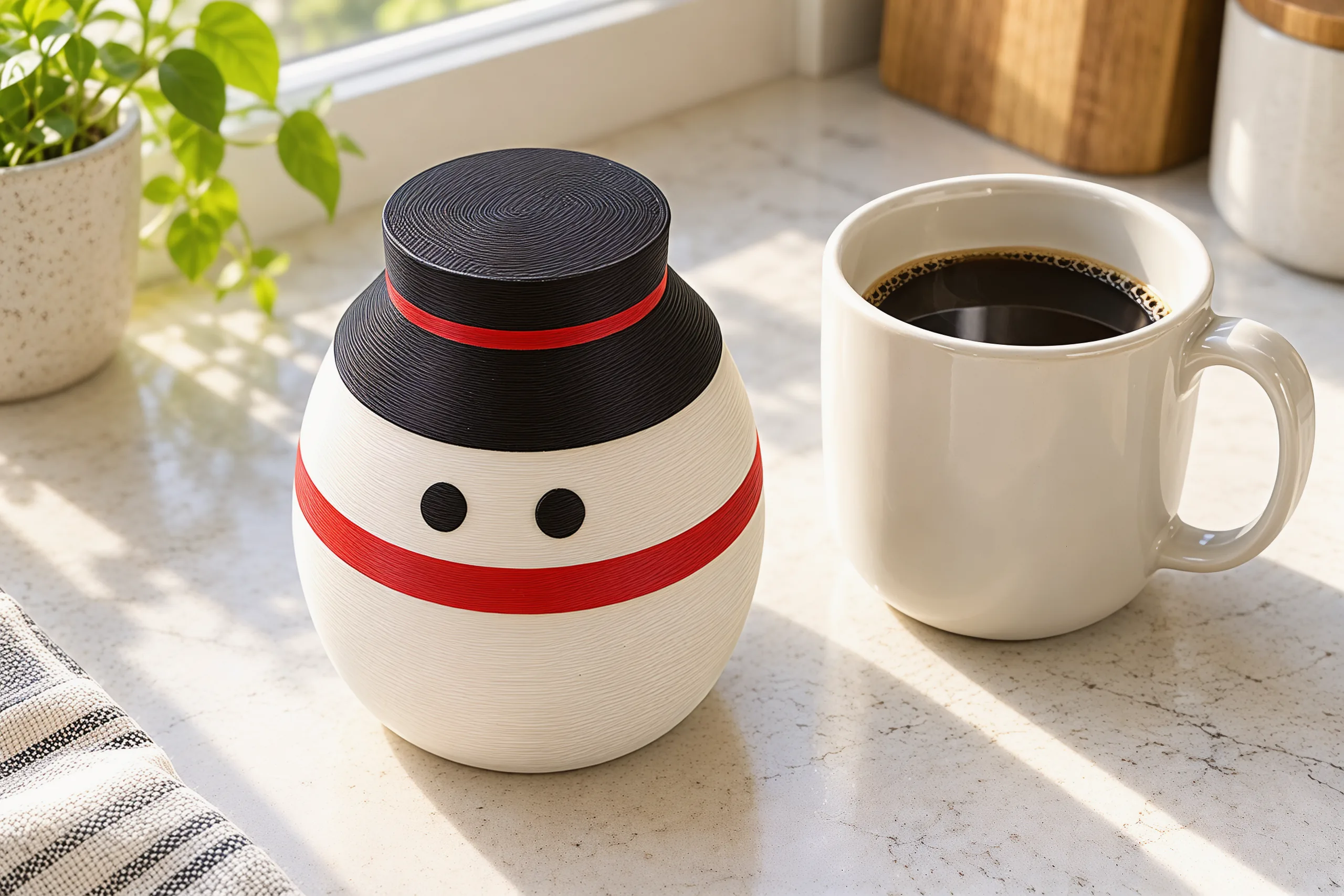 Seen from above, the snowman standing on a stone kitchen counter in morning sun beside a cup of coffee