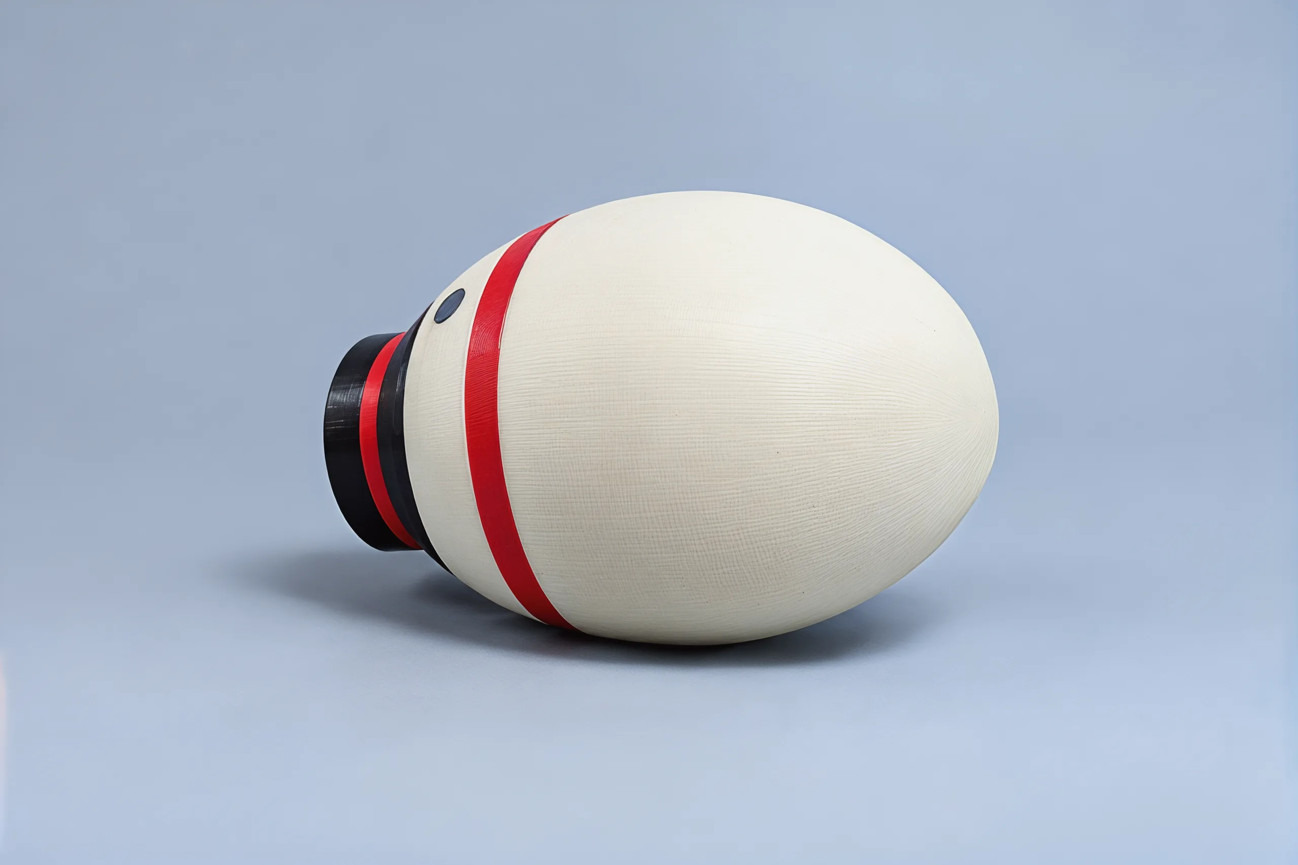 The snowman lying on his side at desk level, his hat end resting a little lower than his feet
