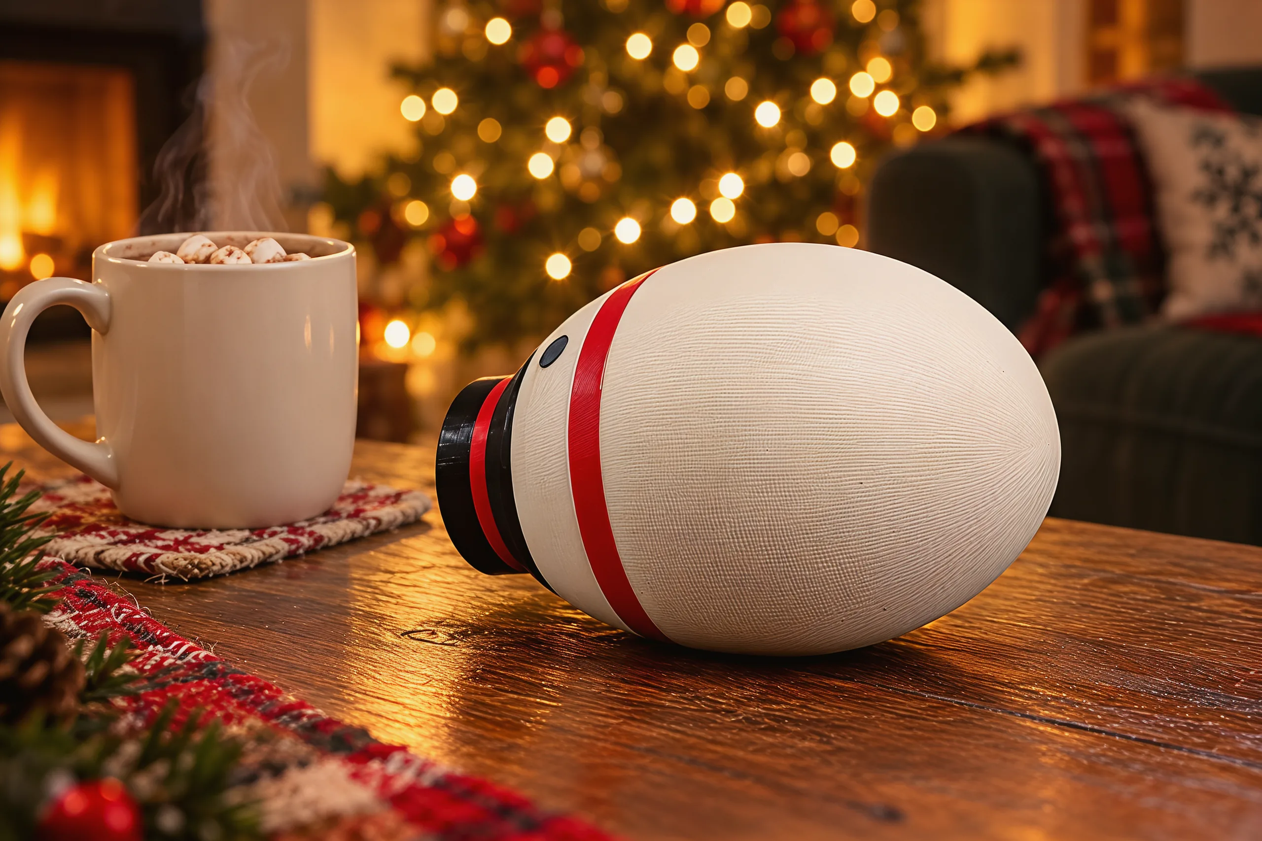 The snowman lying on a wooden table in the evening, a lit Christmas tree and a mug of cocoa with marshmallows behind him