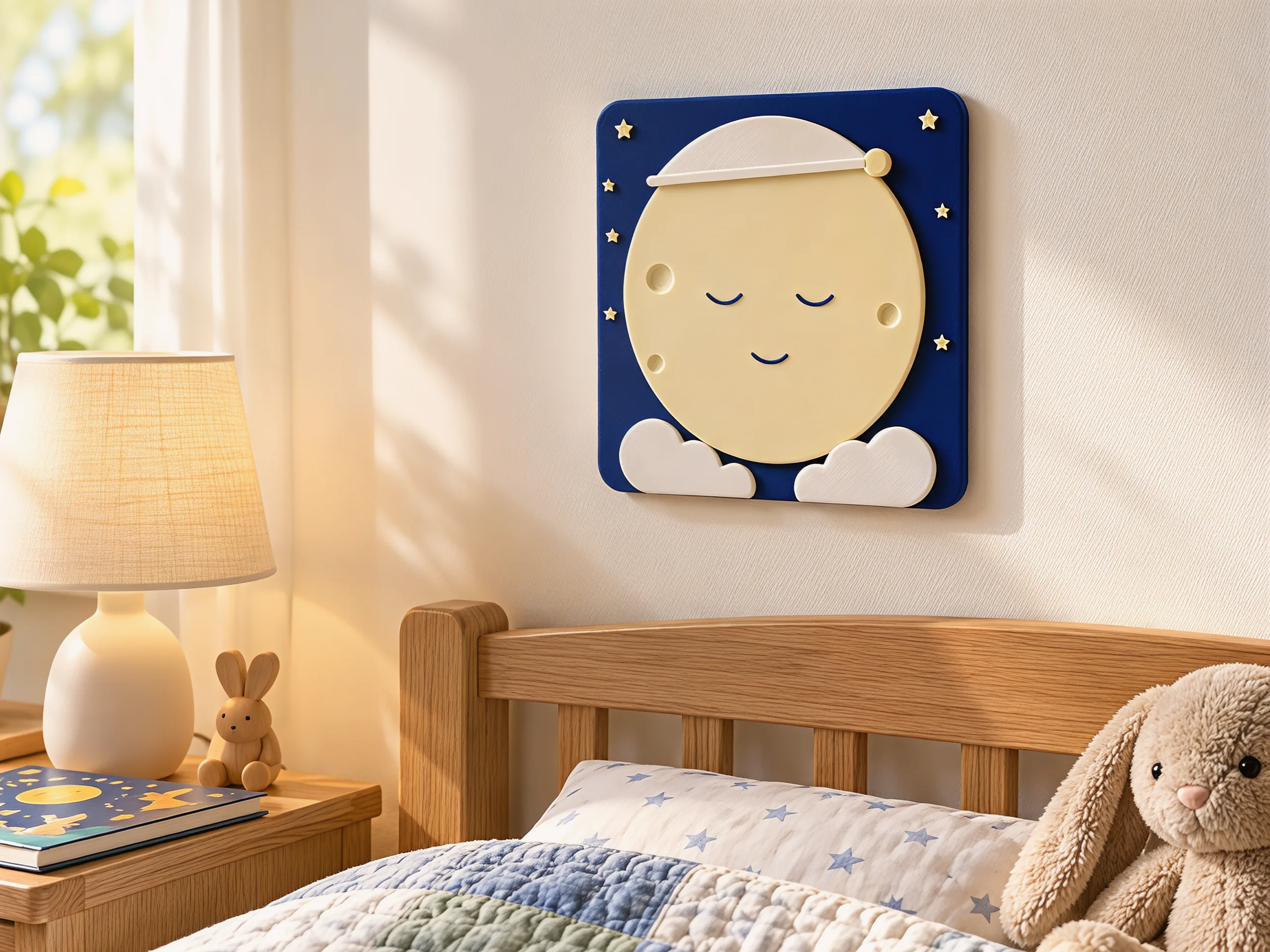 The plaque on a pale bedroom wall above a wooden bed by day
