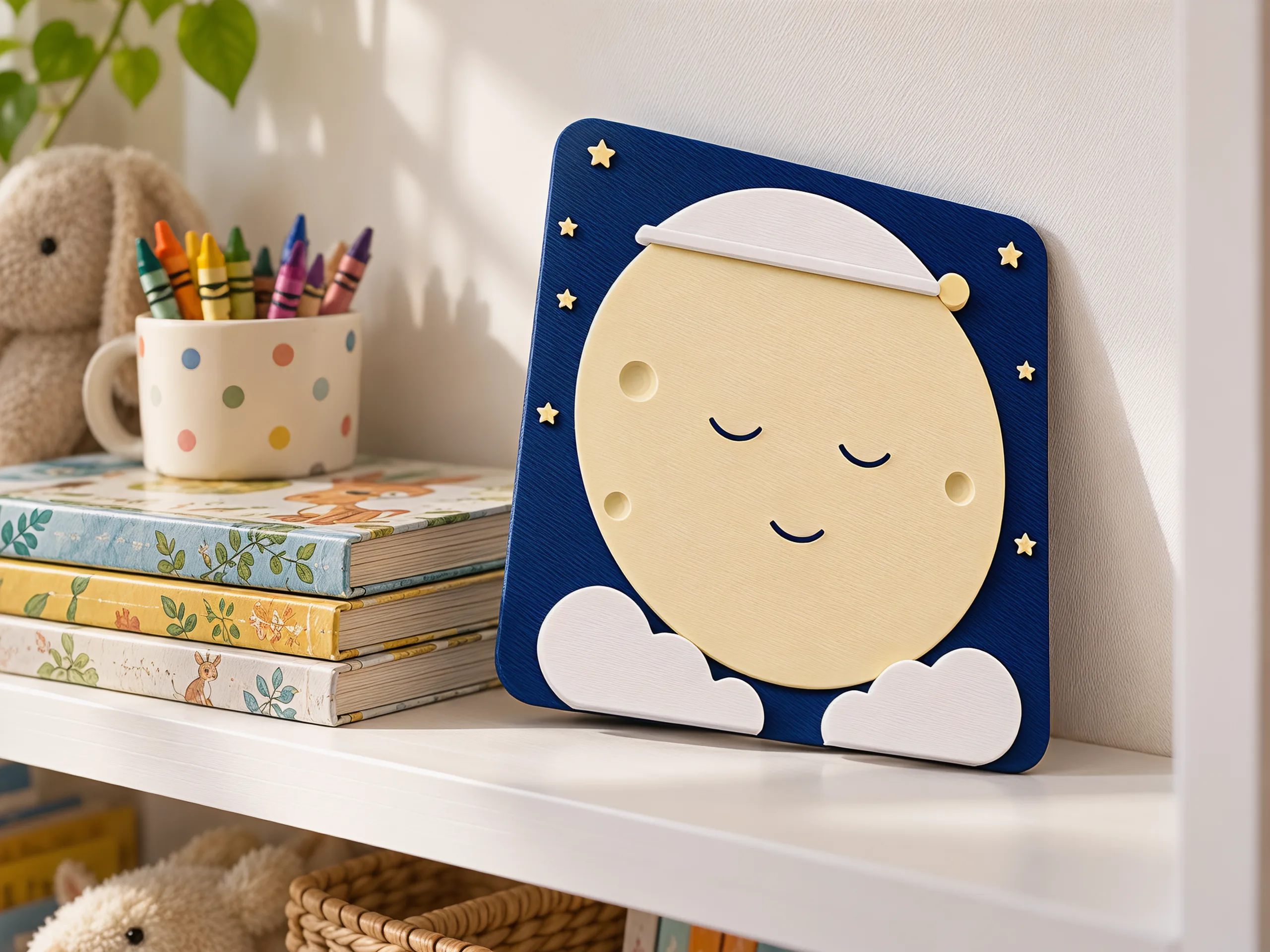 The plaque leaning on a white bookshelf beside picture books