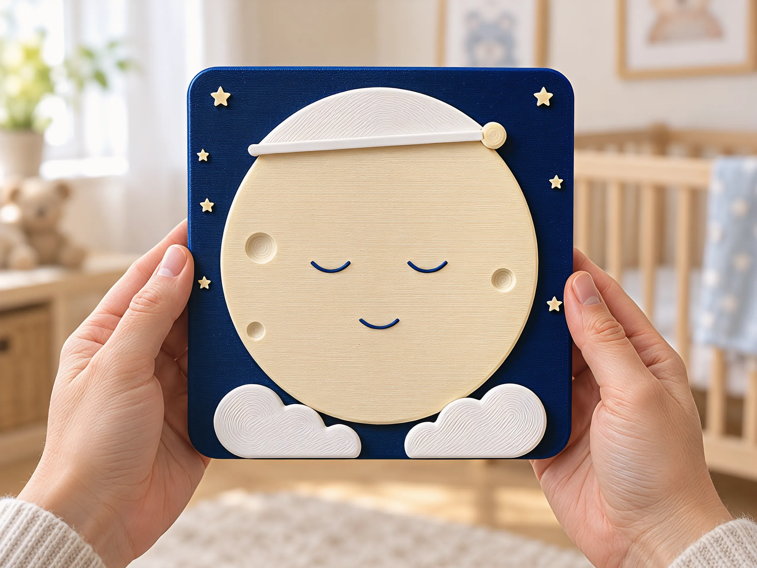 Two hands holding the plaque upright in front of a nursery