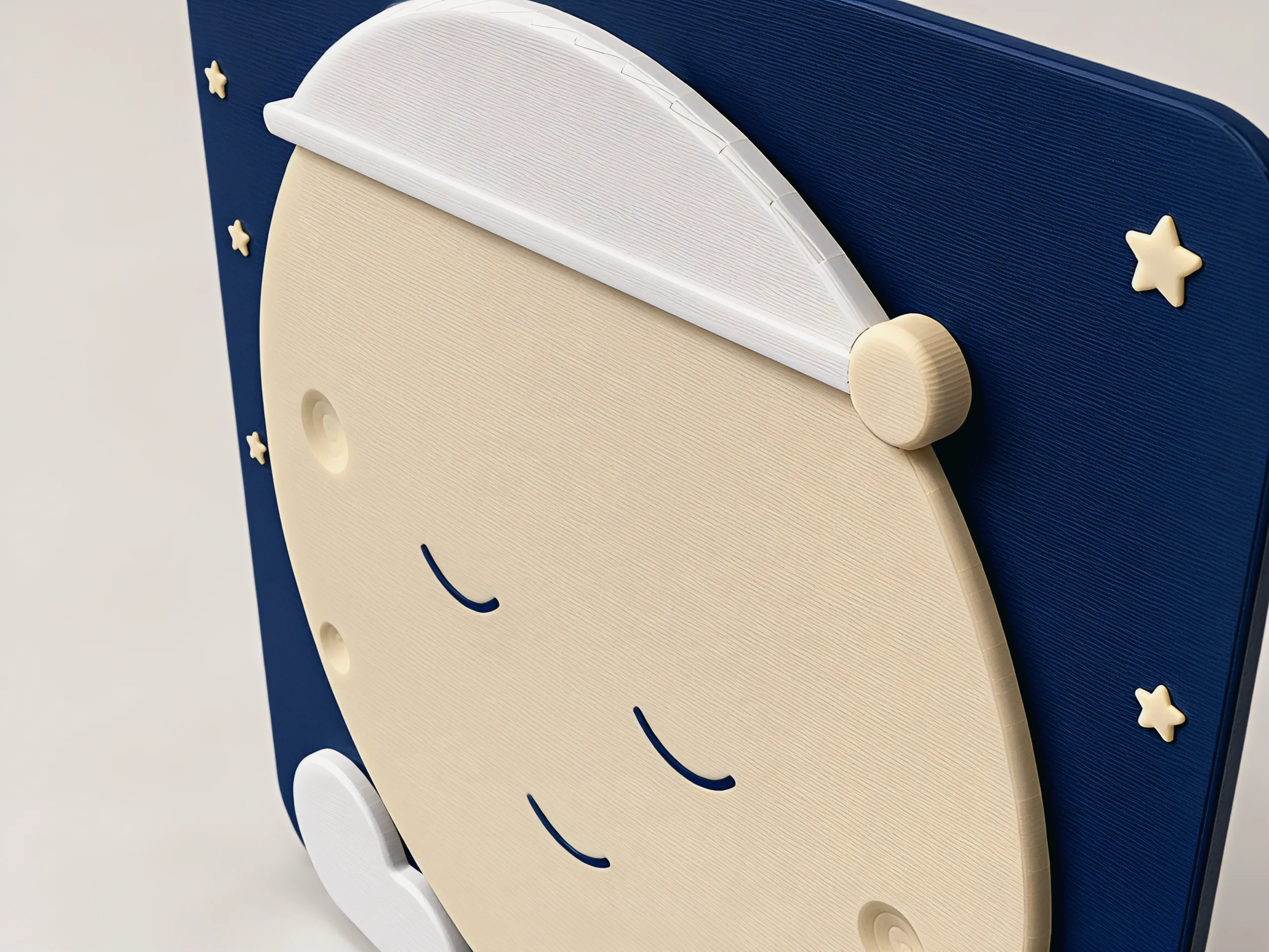 Close view along the moon: the white nightcap and its raised band, the cream pompom at its end, small cream stars set into the navy