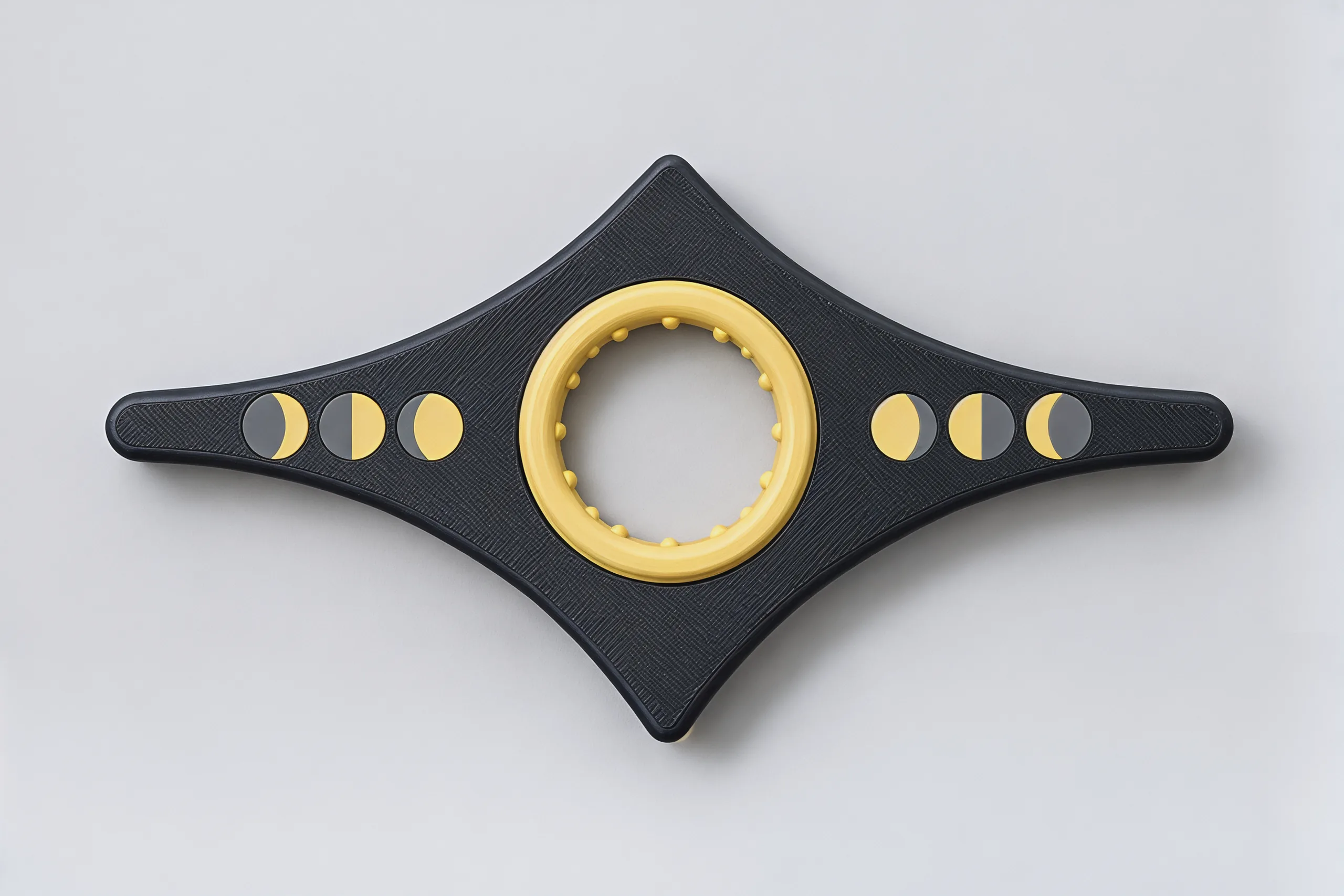 The holder from directly above on a pale grey ground: the midnight-blue star, the ribbed cream ring in the middle, three moon phases on each wing