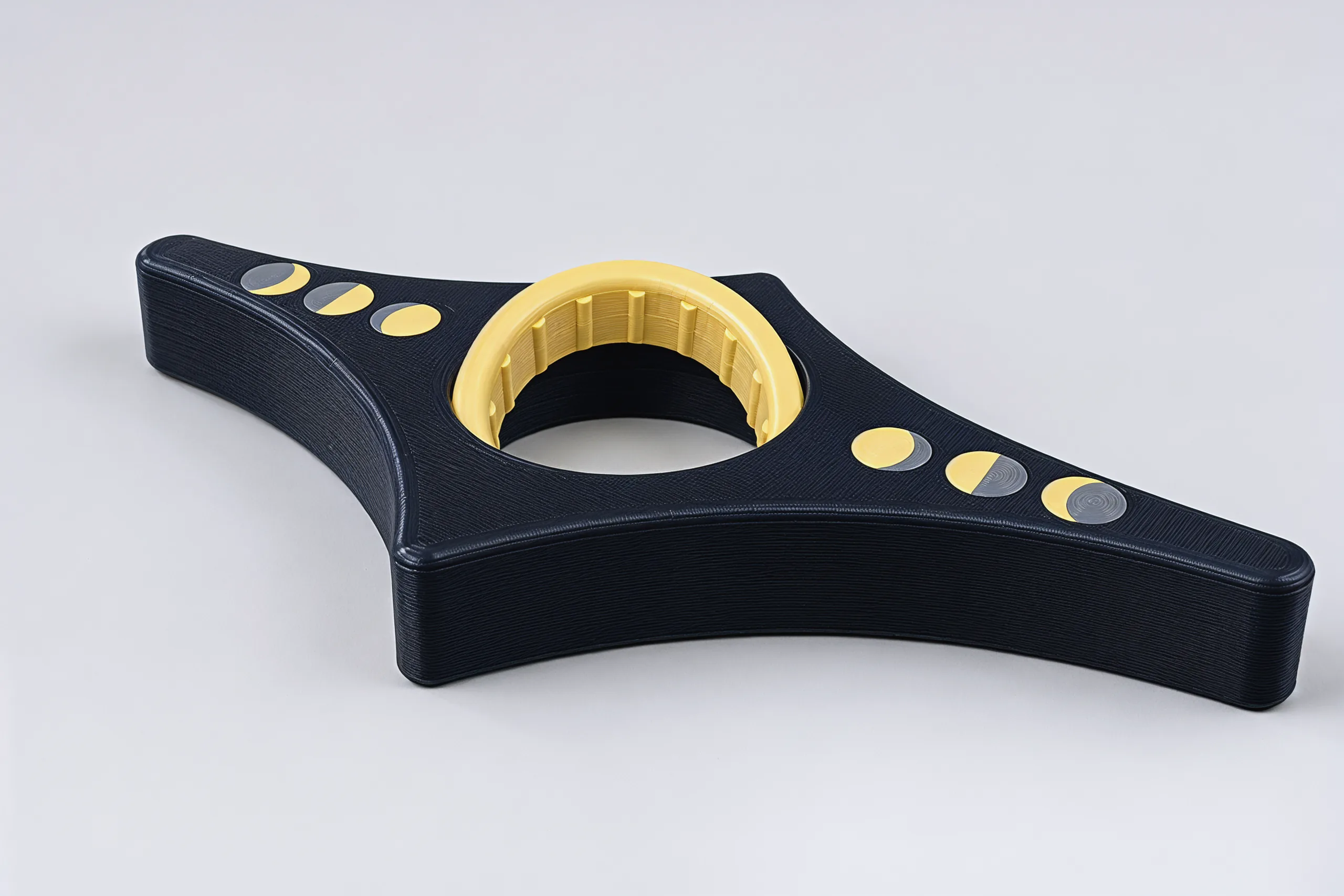 Close view of the cream ring tilted in the midnight-blue star, the grip ribs lining its opening
