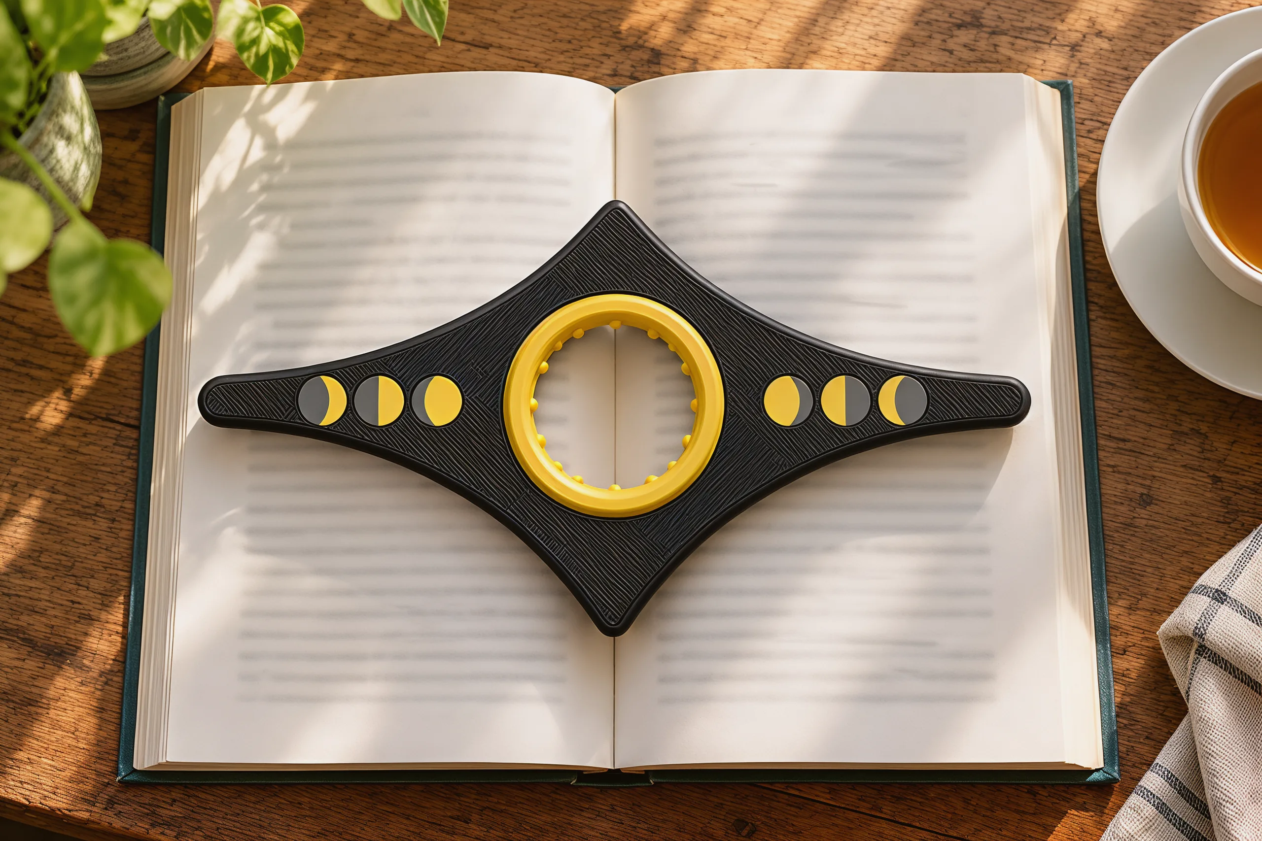 Seen from above: the holder lying across the middle of an open hardcover on a wooden table, a cup of tea beside the book
