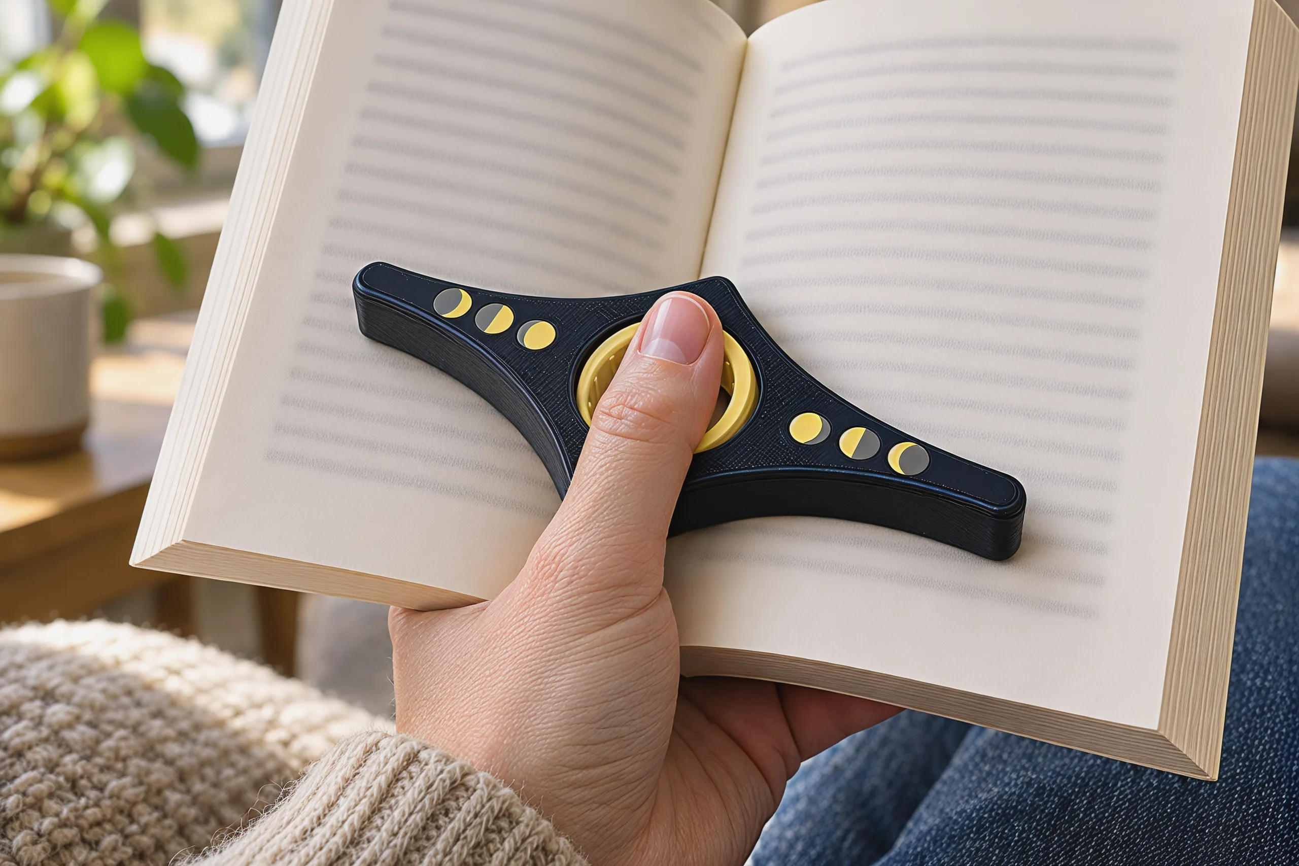 A paperback held open in one hand, the reader's thumb in the cream ring and the star's wings lying across both pages
