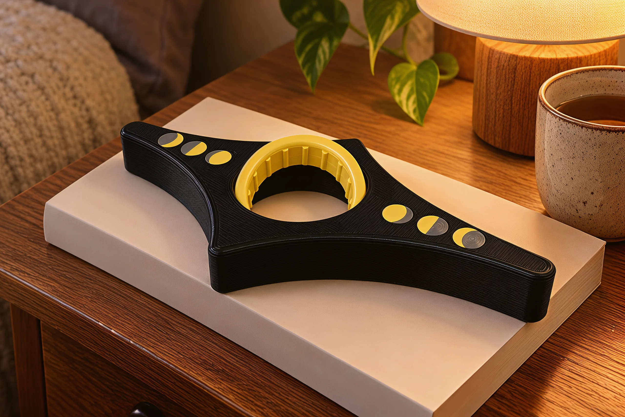 The holder resting on a closed paperback on a wooden bedside table, a warm lamp and a mug of tea behind it