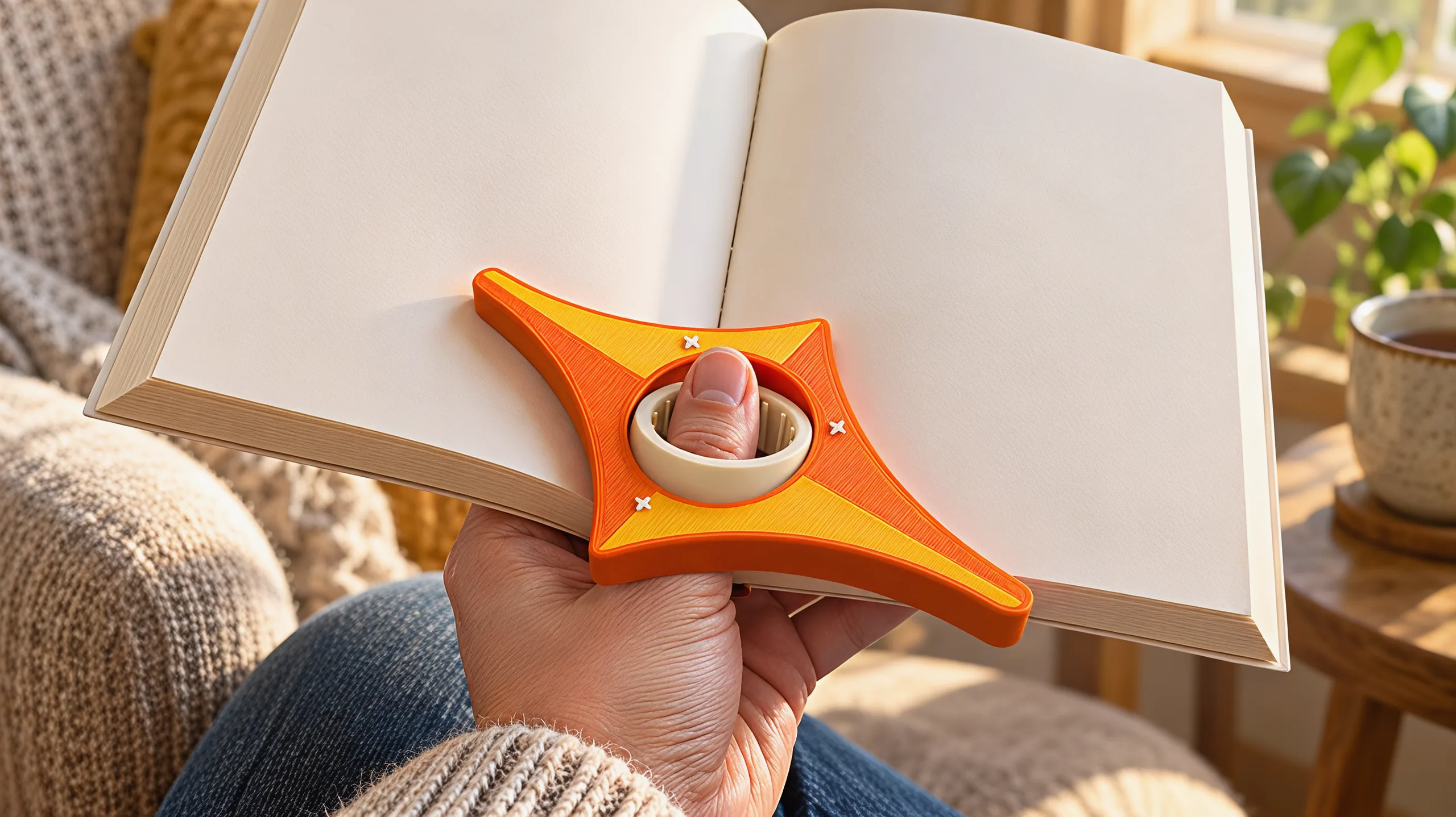 A thumb up through the cream ring, the star's points pressing both pages of an open paperback flat, in a reading chair