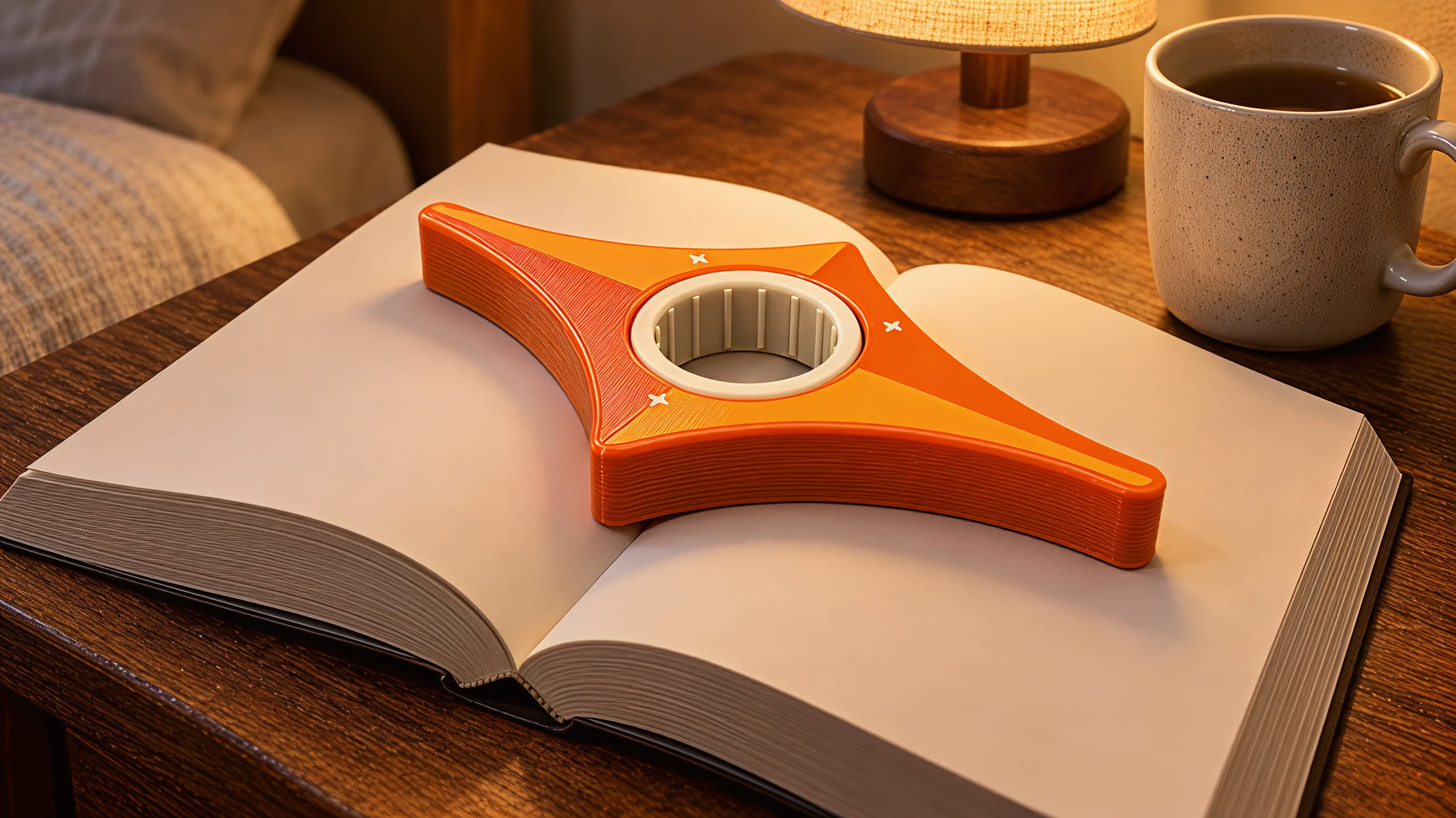 The star lying across an open book on a wooden bedside table, a lamp and a mug of tea beside it