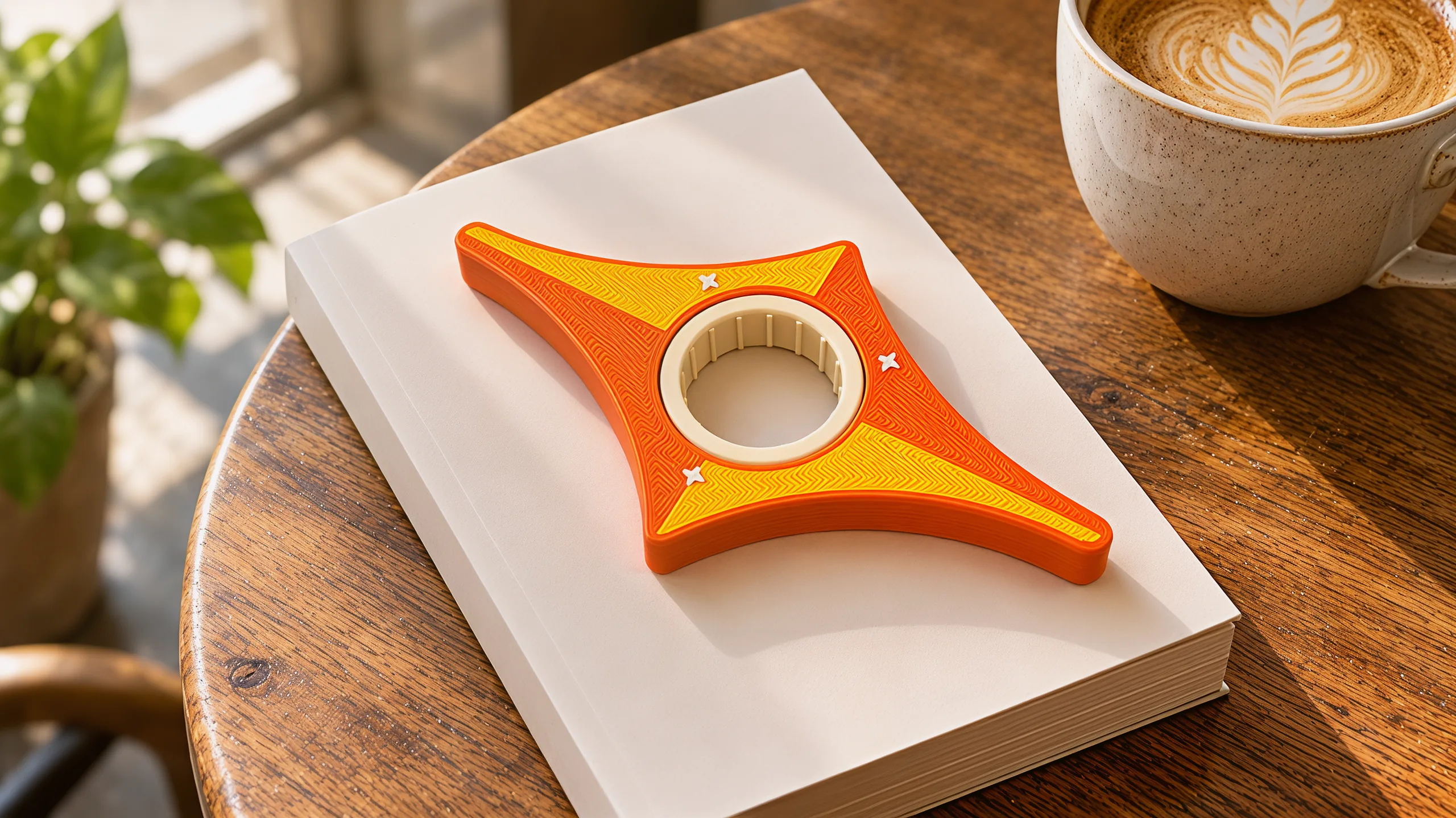 The star lying on a closed paperback on a cafe table beside a cup of coffee