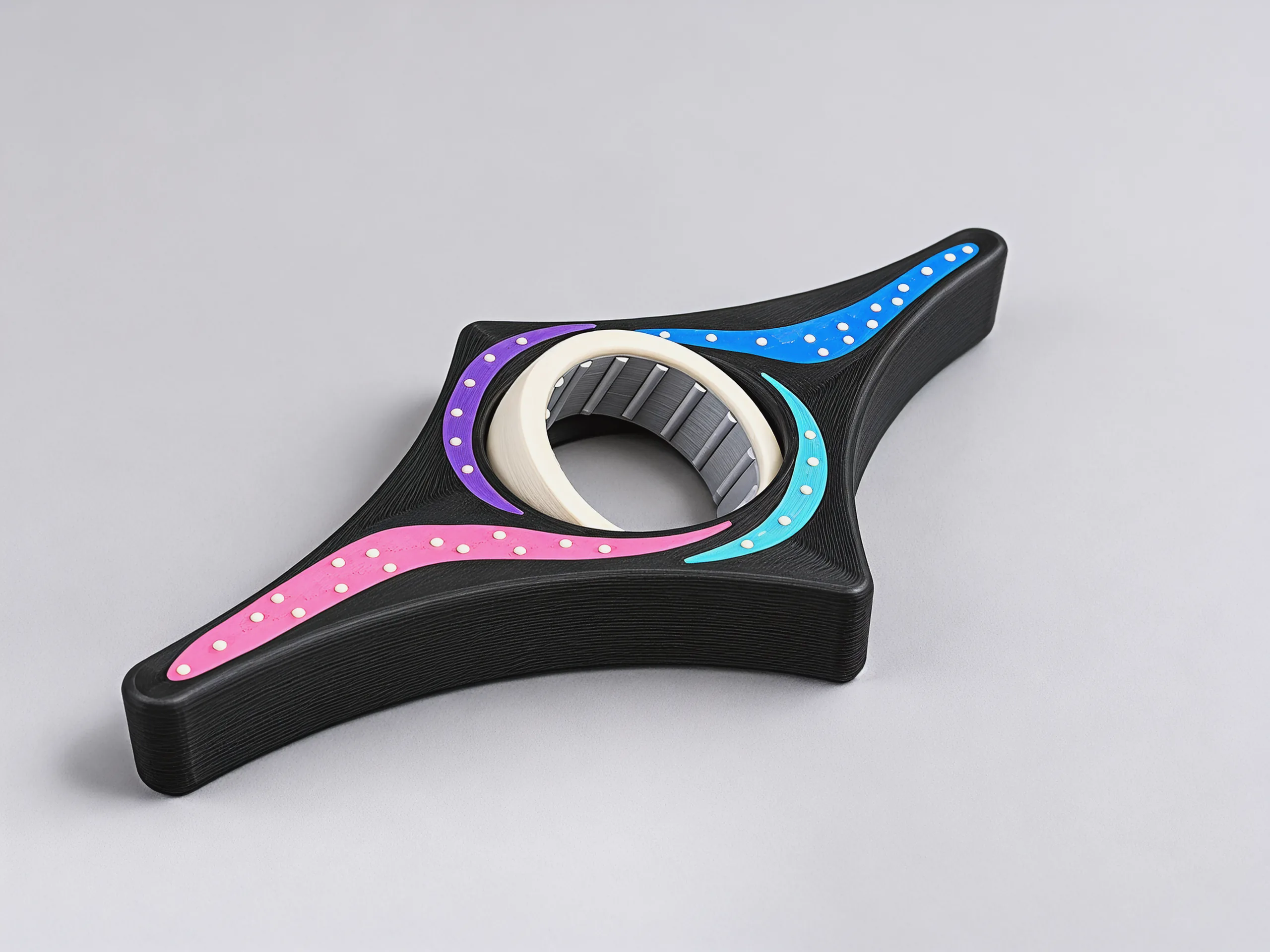 The ring tipped toward the camera in its seat while the frame and its arms stay flat