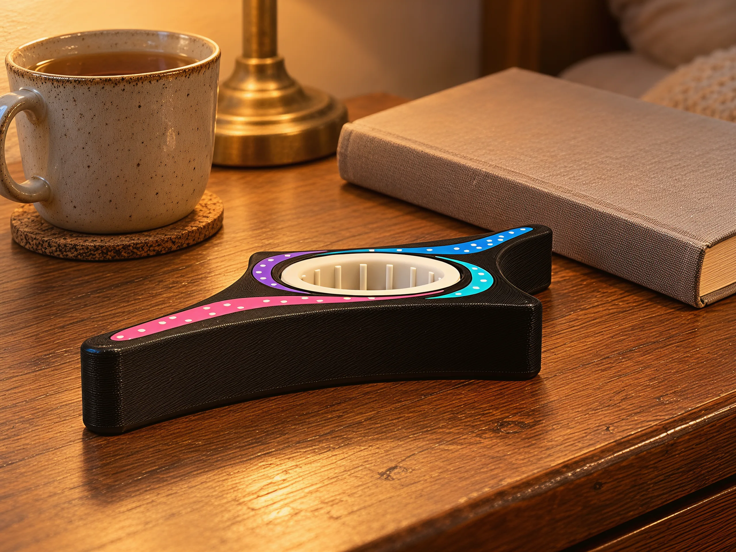 The holder lying on a bedside table next to a mug and a closed book, the galaxy arms catching the lamp light