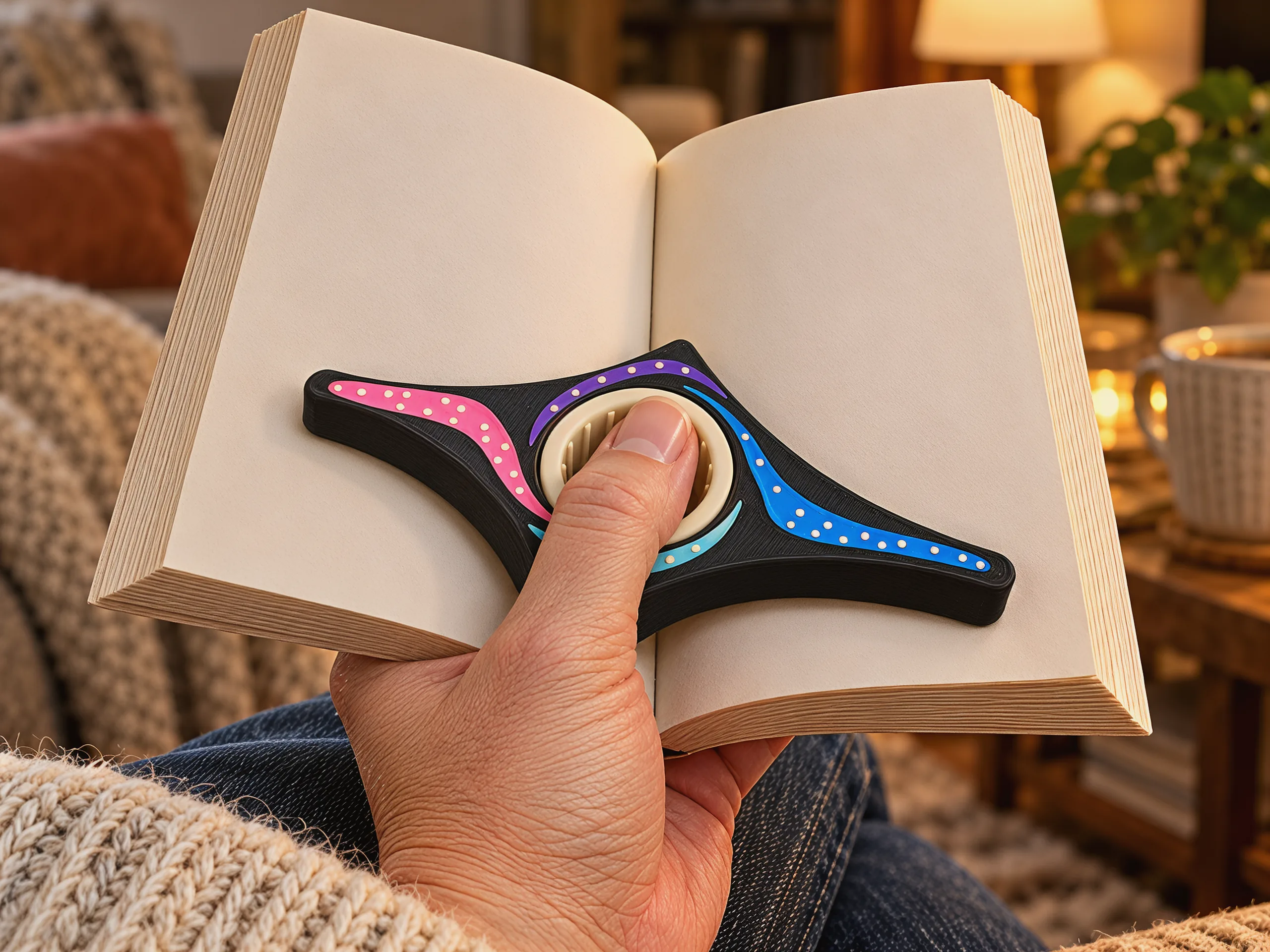 An open book held in one hand, the thumb through the cream ring, the black wings of the holder pressing both pages flat