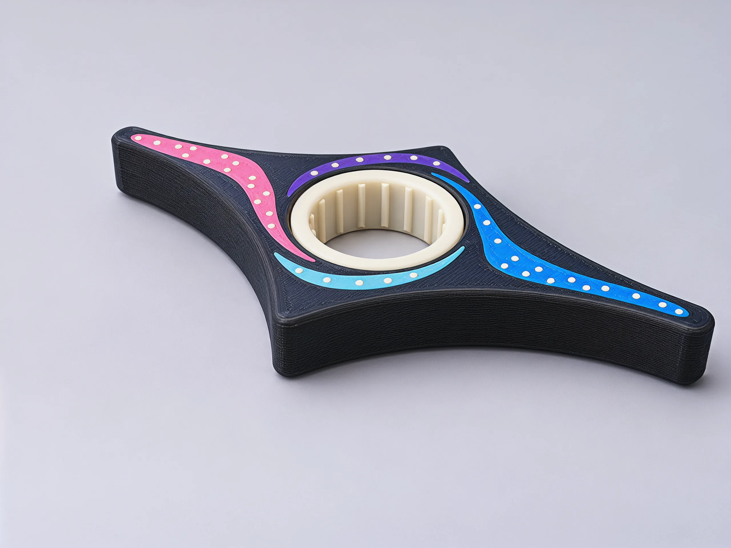 The holder on a pale table from above and to one side: black star frame, cream ring with ridges inside, four colour arms with white dots