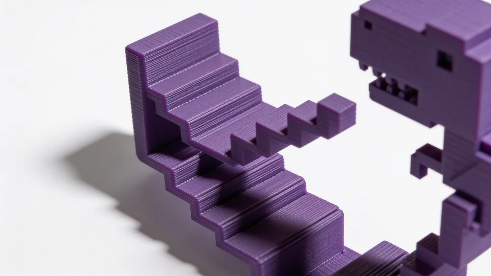 Macro photograph of the purple printed tail, its stepped profile up close, with the head out of focus behind.