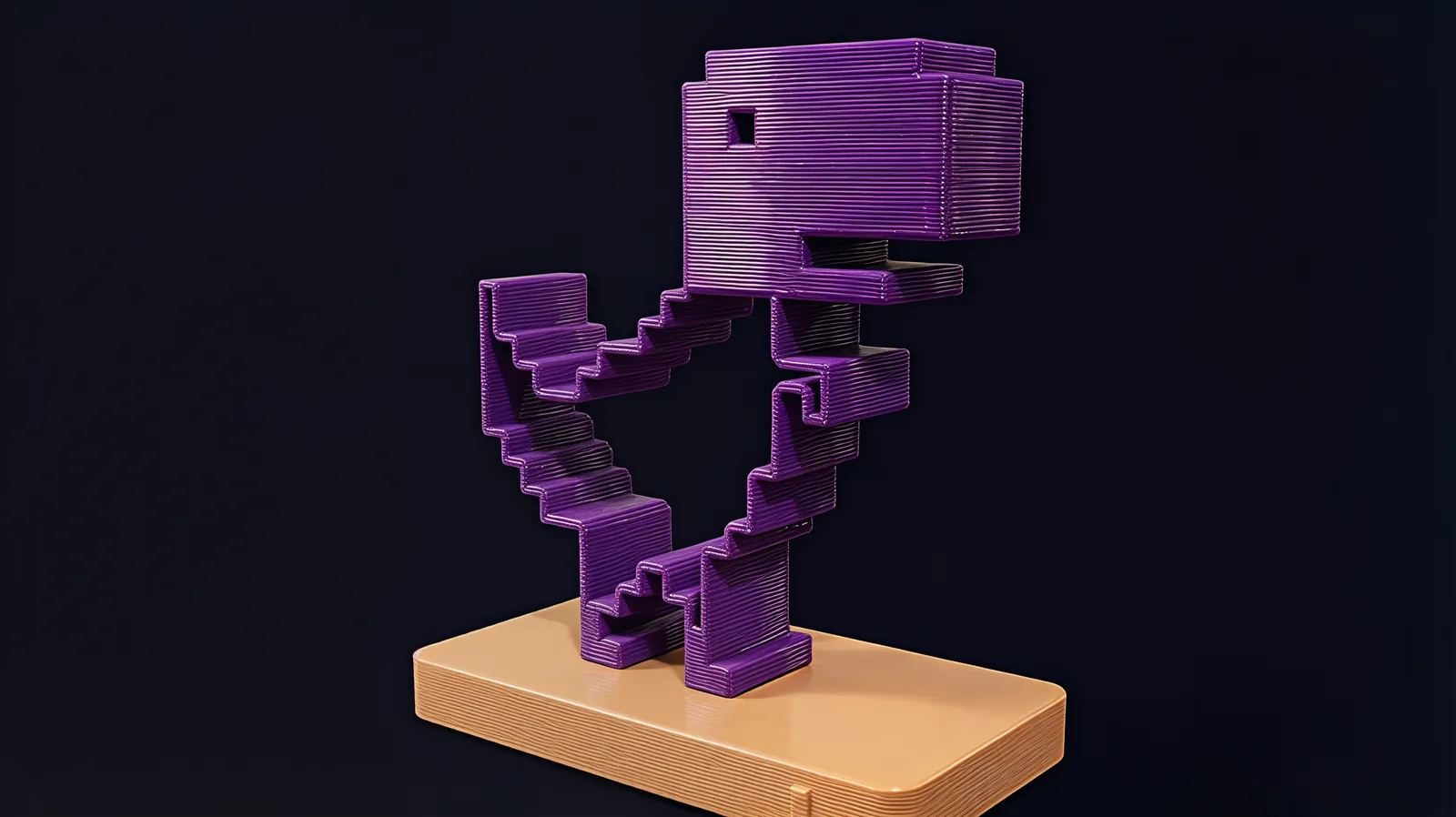 The printed night light: a purple PETG outline of the Chrome offline dinosaur standing on a tan plinth against a dark ground.