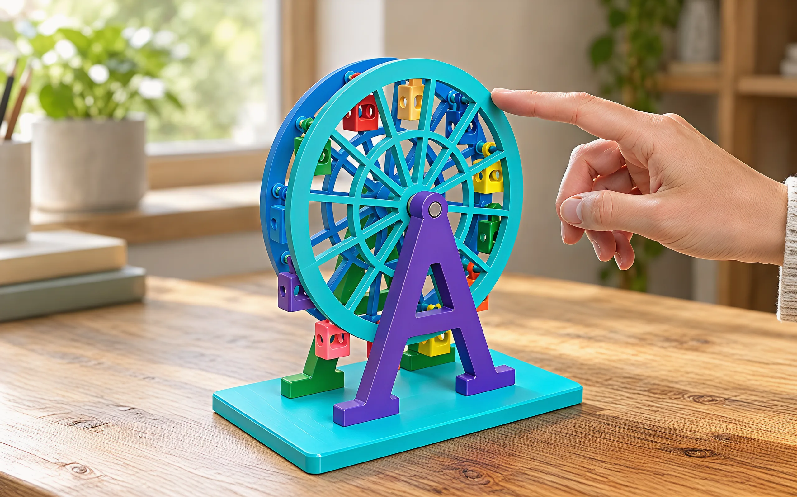 A fingertip resting on the teal rim of the wheel, ready to give it a push