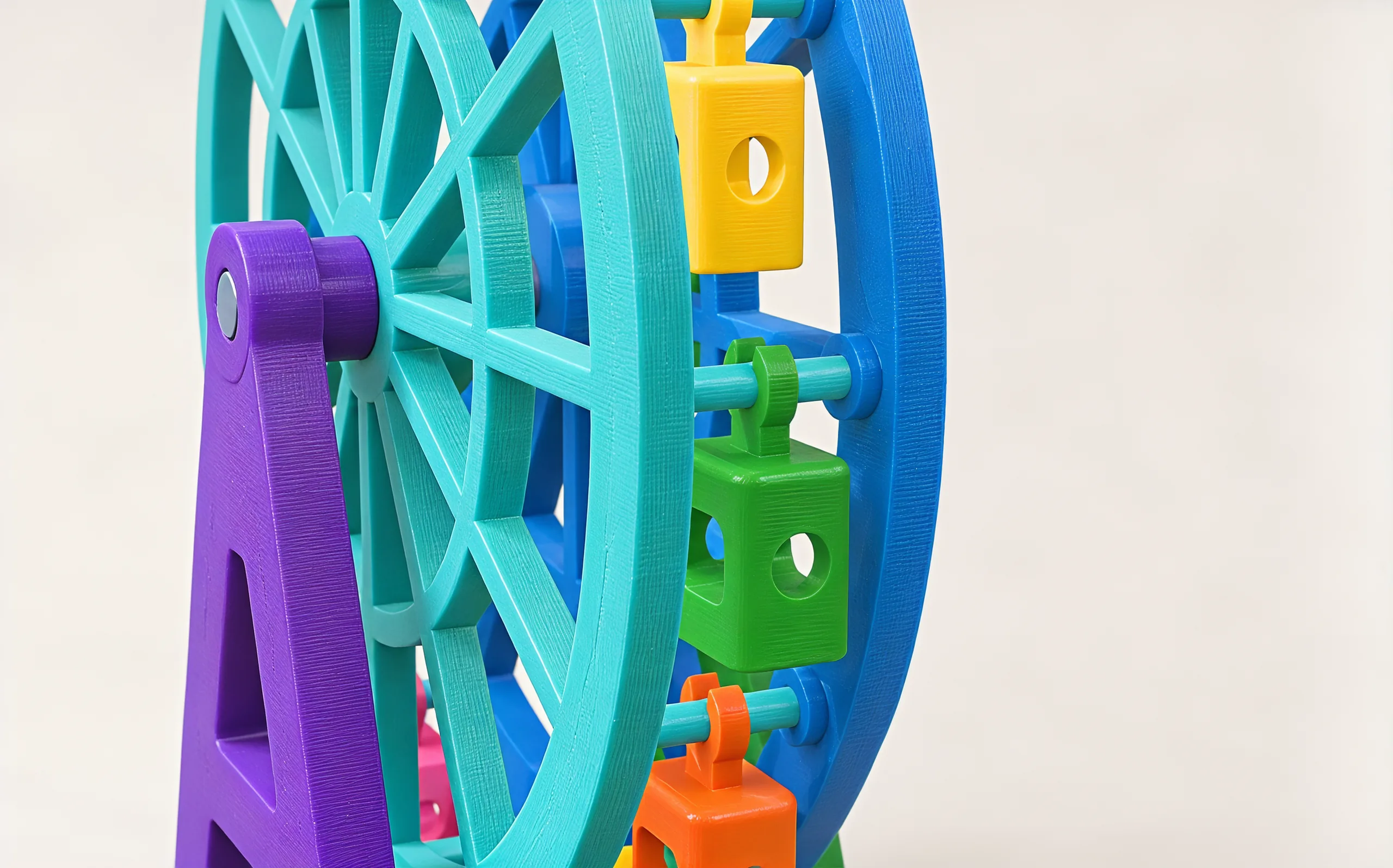Close on the right of the wheel: yellow, green and orange cabins each hang from a teal crossbar between the two rims