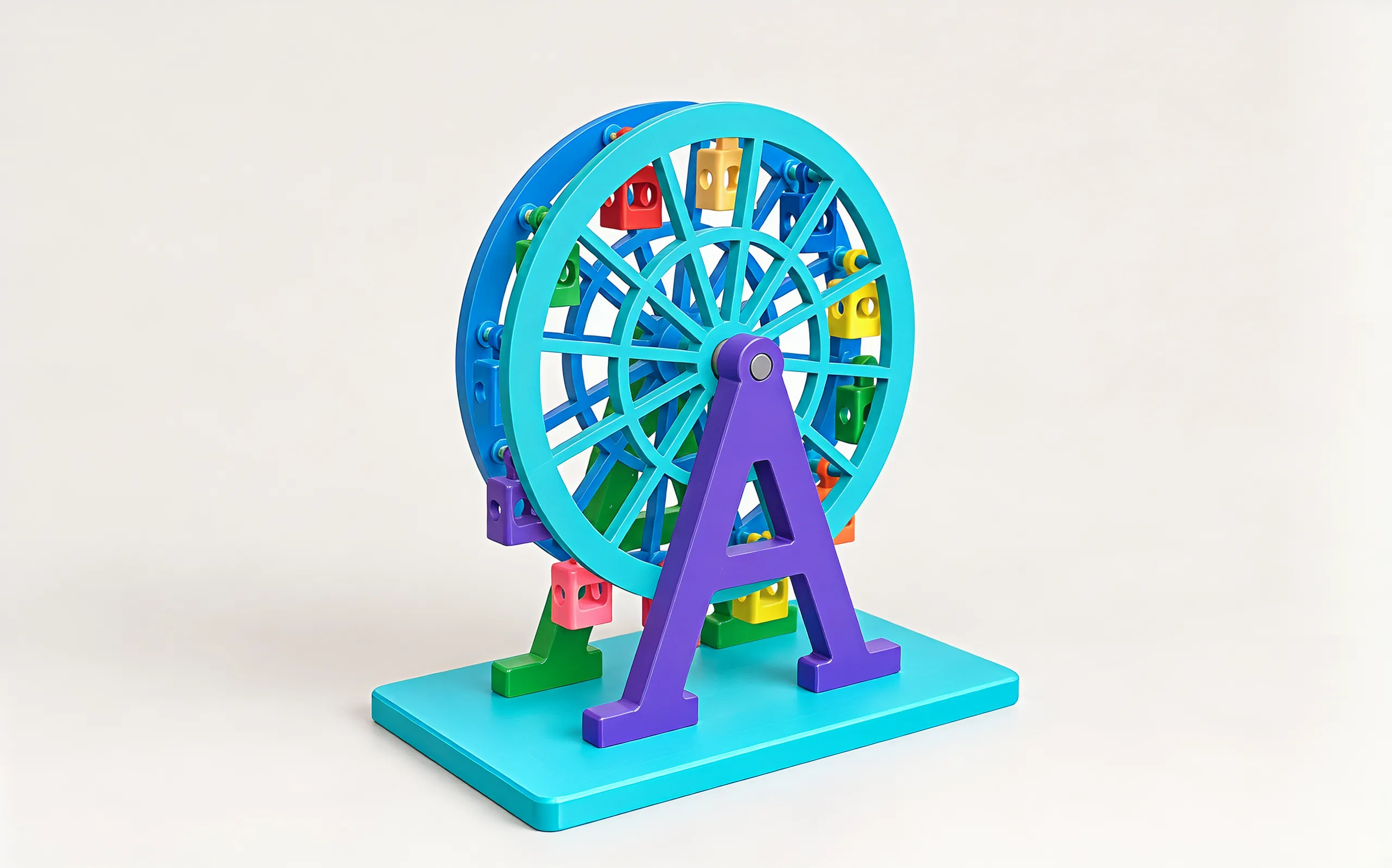 The wheel at three-quarter view on a pale backdrop: teal front rim and spokes, blue back rim, a purple A-frame tower in front and a green one behind, colored cabins hanging between the rims, all on a teal base