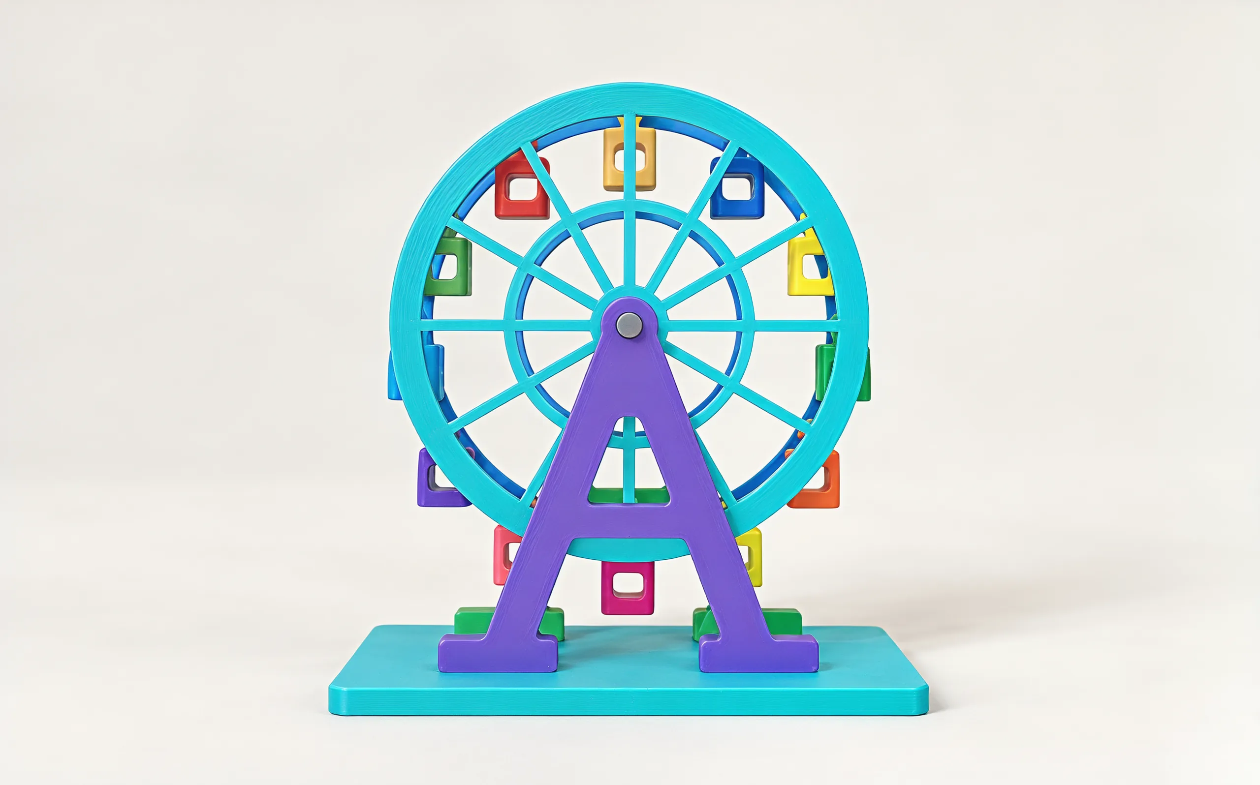 Straight on: the purple tower rises to the grey axle at the hub, and the cabins hang upright around the teal rim, marigold at the top and magenta at the bottom