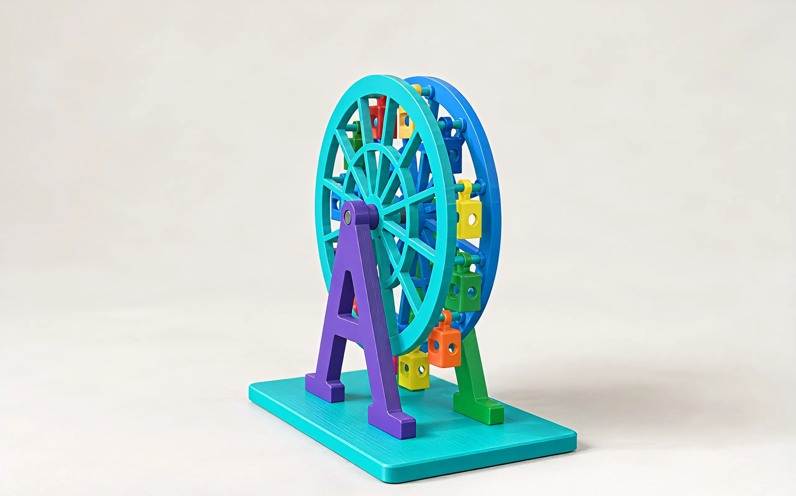 The wheel from the side: two rims a short gap apart with the cabins hung between them, the purple tower in front and the green tower behind