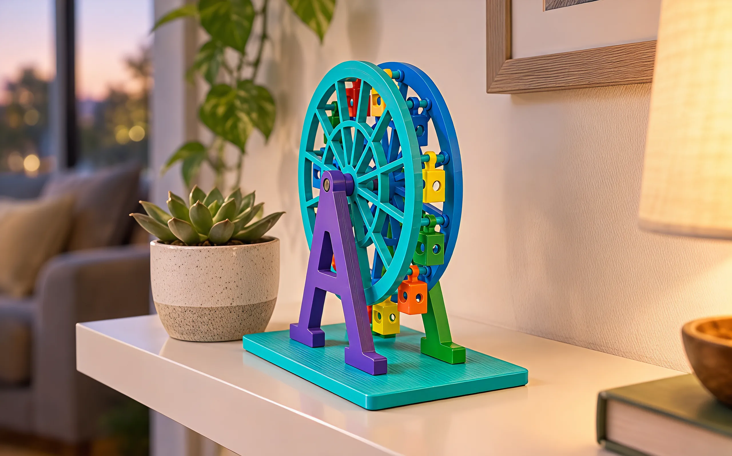 The wheel on a white wall shelf beside a succulent in the evening lamp light