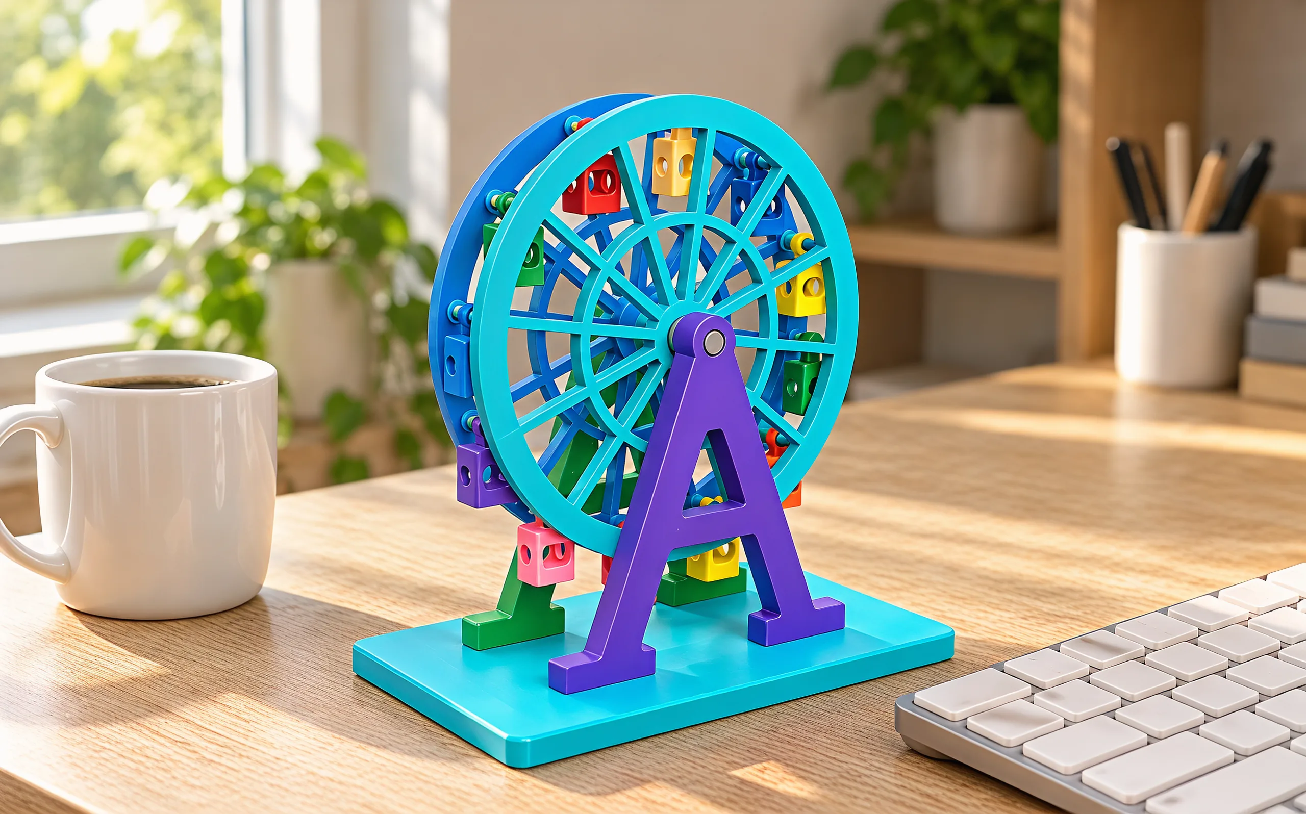 The Ferris wheel on a sunny oak desk between a white coffee mug and a keyboard, its cabins hanging under a teal rim on a purple tower