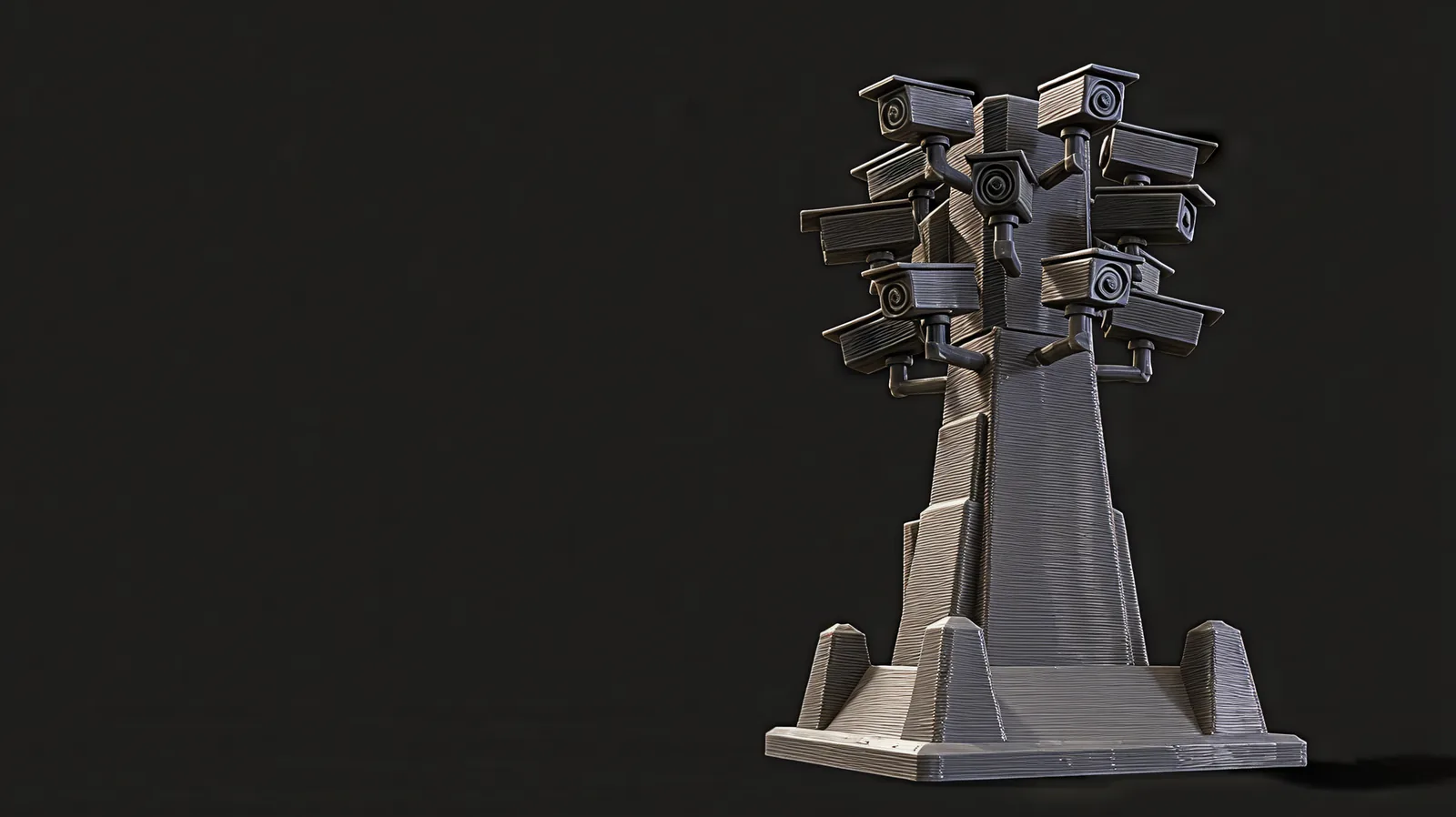 The grey tower seen from low down behind it: a tapering shaft on a square base with a squat pyramid at each corner, crowned by box cameras on brackets aimed out in every direction.