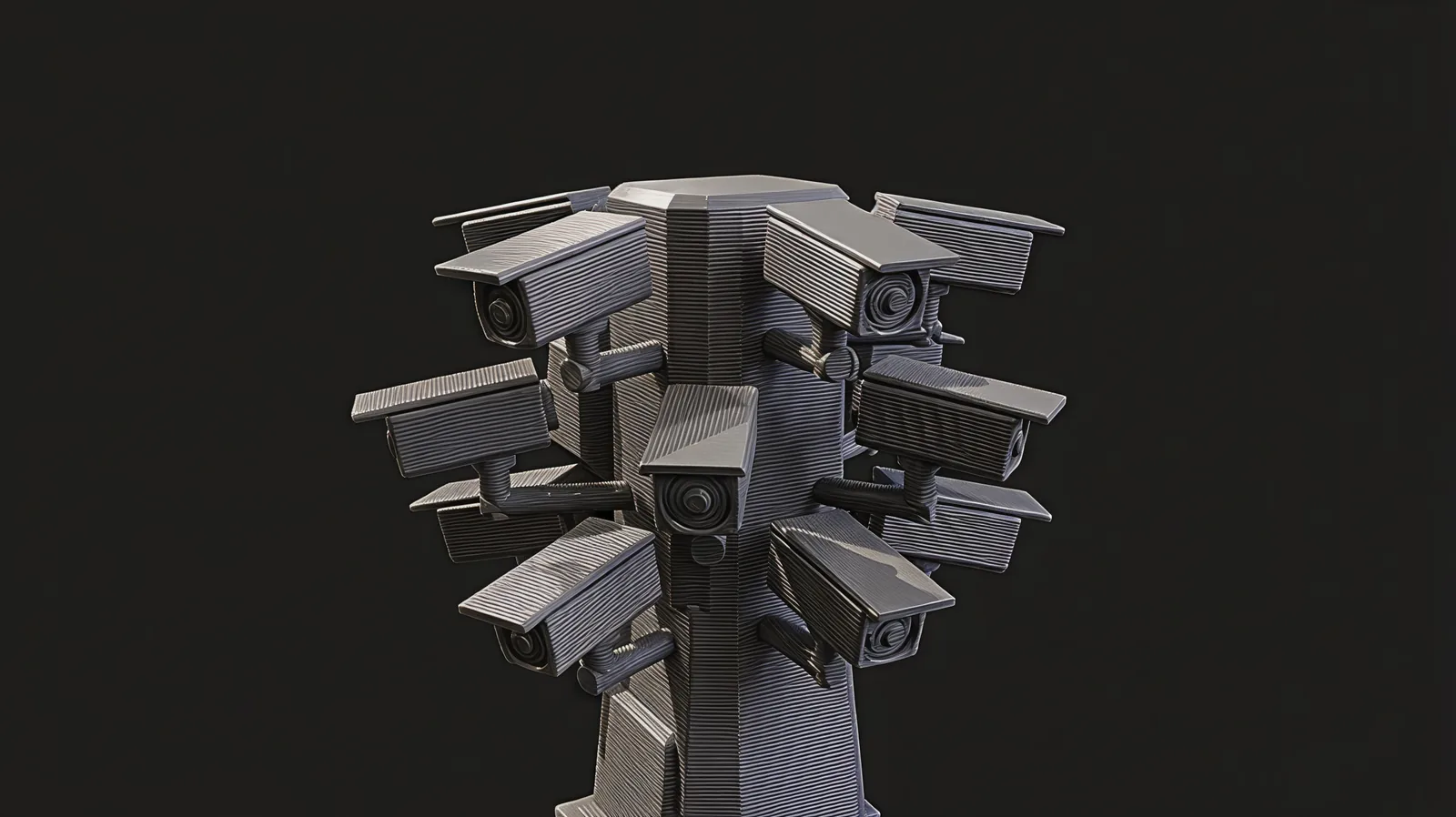 The crown of the tower seen from behind: box cameras on short brackets point back, out and down in stacked tiers around a squared column.