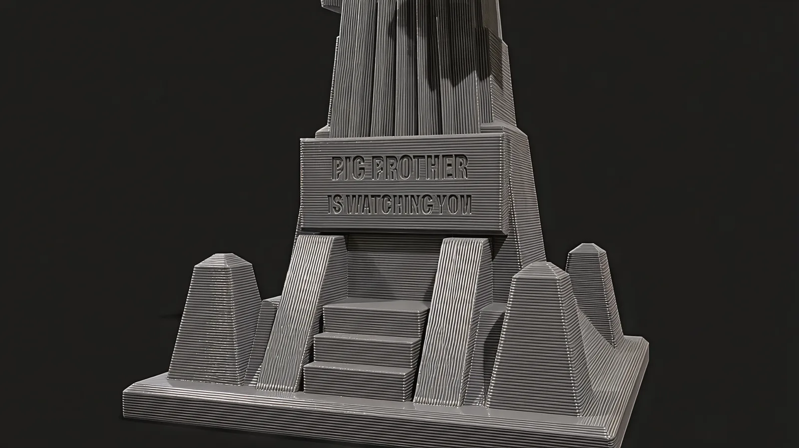 The base of the tower from the front right: three steps rise between two sloped buttresses to a plaque reading BIG BROTHER IS WATCHING YOU, with squat pyramids at the corners of the square base.