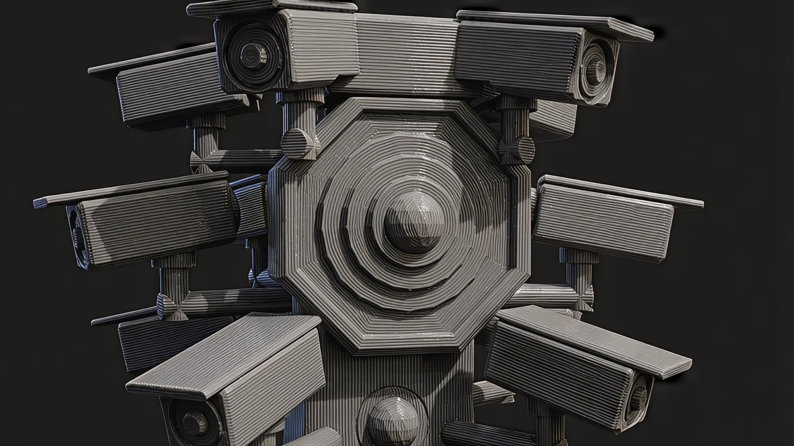 Close view of the grey tower's crown from the front: an octagonal frame holding three stepped rings and a faceted pupil, ringed by box cameras on short posts, with a smaller dome below.