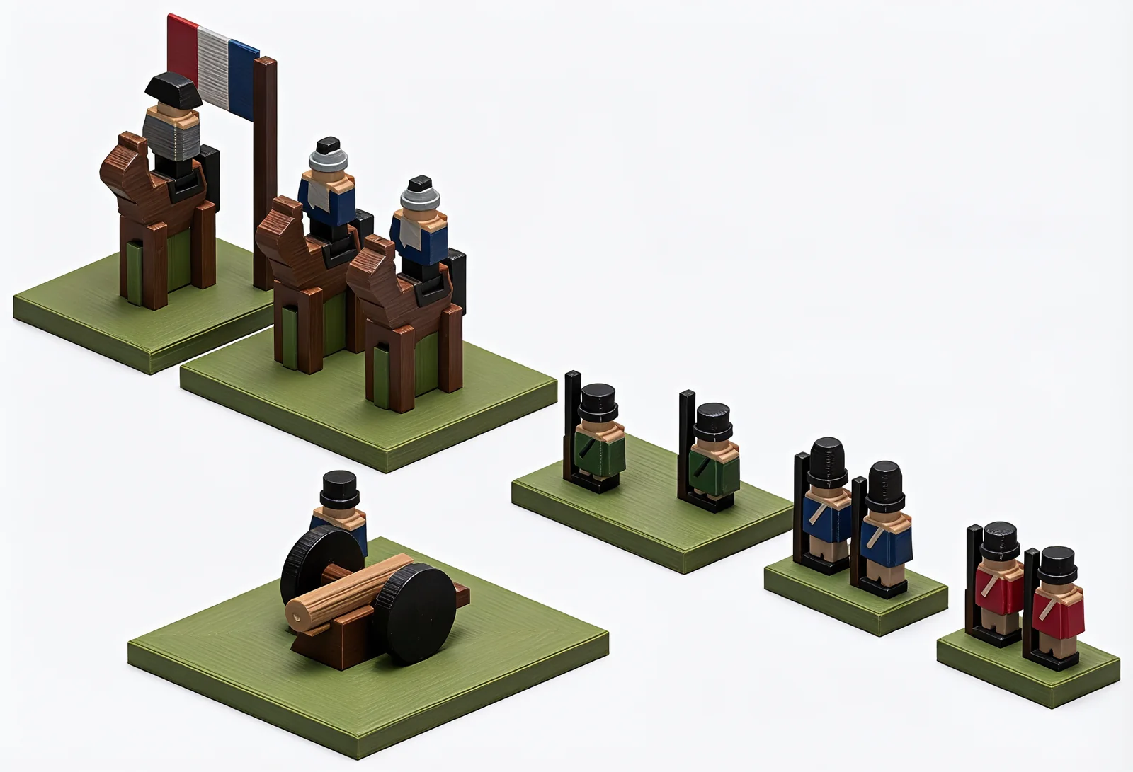 Close photograph of the printed pieces on their olive bases: Napoleon mounted beside a tricolour standard, two cuirassiers, a crewed cannon, and green, blue and red infantry stands, all showing fine print layer lines.
