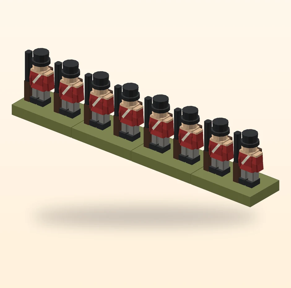 Four stands of redcoat infantry set end to end in a single row, two figures to a stand.