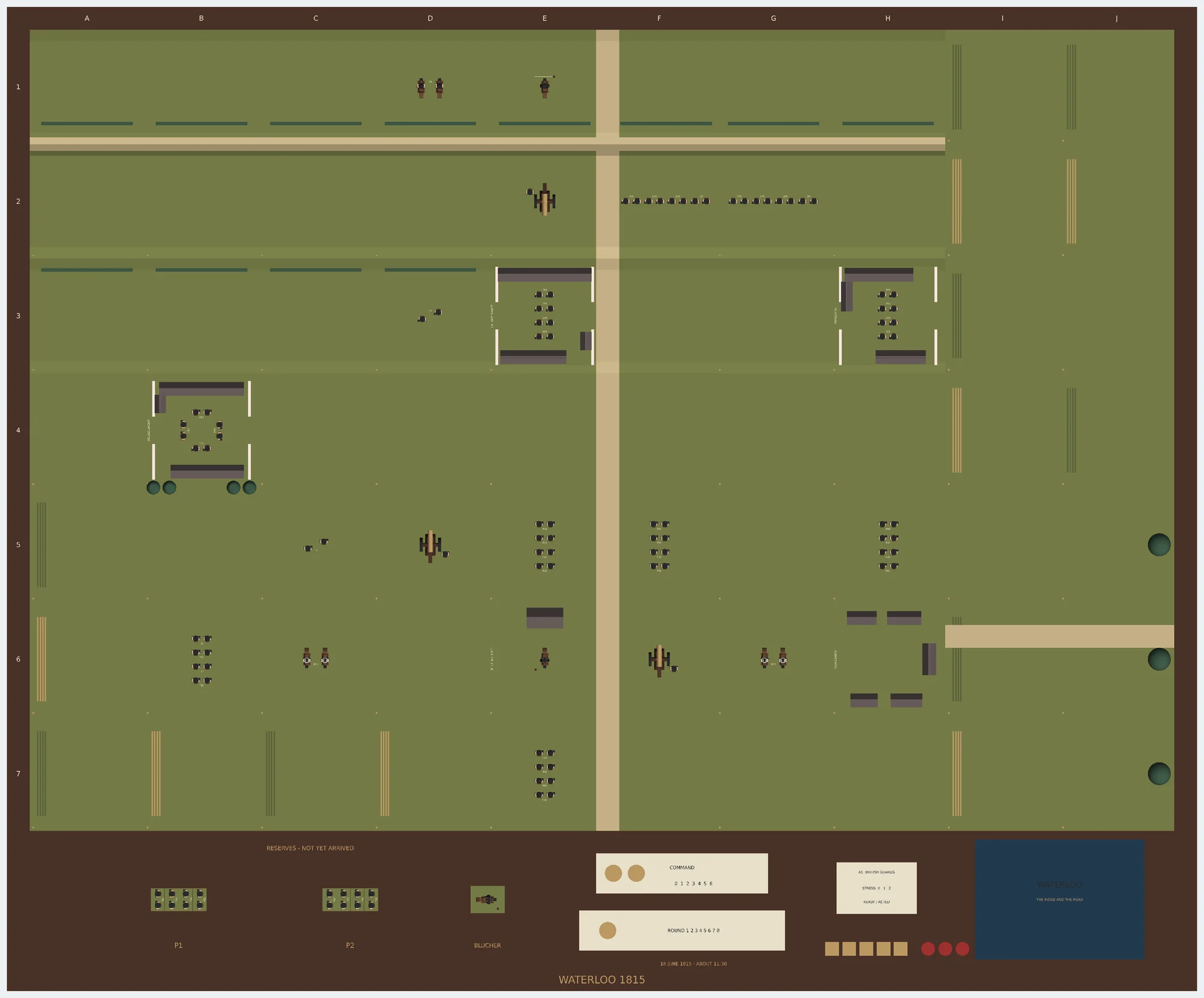 The whole battlefield from directly overhead, with file letters along the top edge and rank numbers down the left, four white walled farm compounds, a pale road running north to south through the centre, and troop stands deployed across the field.