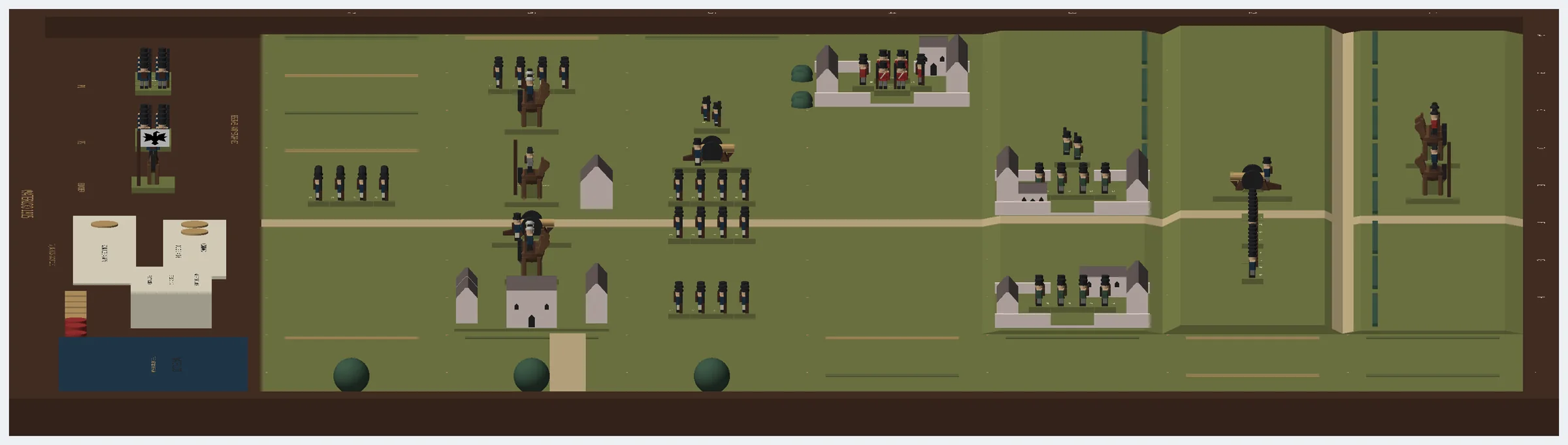 The battlefield seen almost edge on, showing the low step of the ridge, the pale sunken lane, farm buildings with white walls, round trees, and the card apron at the left end of the case.