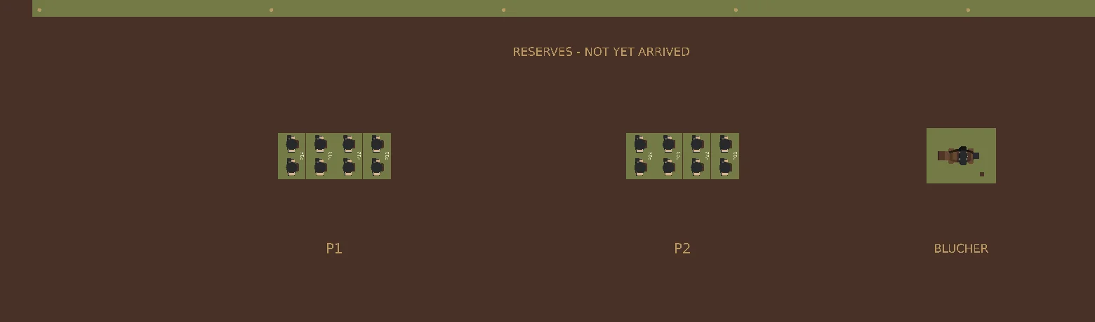 A detail of the brown apron at the front of the case, engraved reserves not yet arrived, with three marked rectangles holding two blocks of infantry stands and a mounted commander, labelled P1, P2 and Blücher.