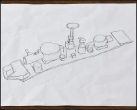 A child's pencil drawing of a long boat loaded with cargo