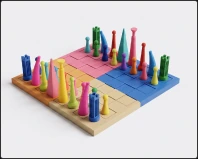A printed chess set whose pieces are San Francisco landmarks